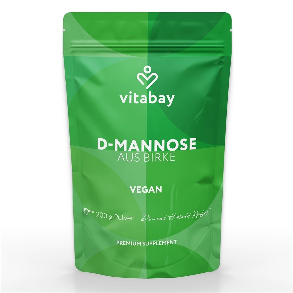 Sachet vert Vitabay D-Mannose de bouleau, poudre 200g. Végan.