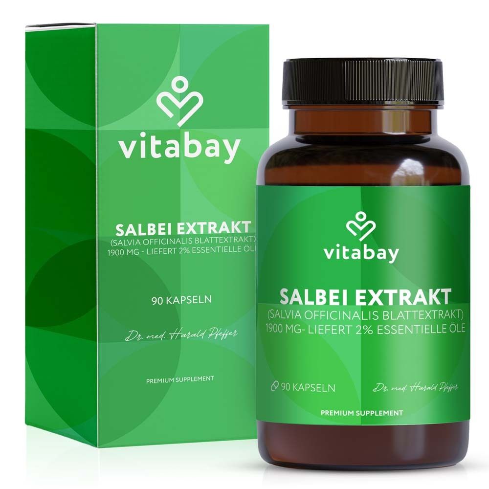 Boîte et flacon verts avec étiquette du produit. Contient de l'extrait de sauge. Marque : Vitabay. 90 gélules.