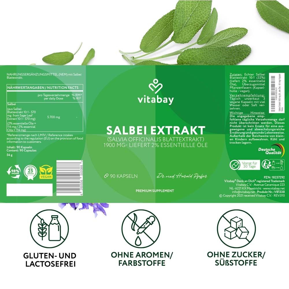 Étiquette du produit avec des informations sur l'extrait de sauge. Contient 90 gélules. Sans gluten et sans lactose.