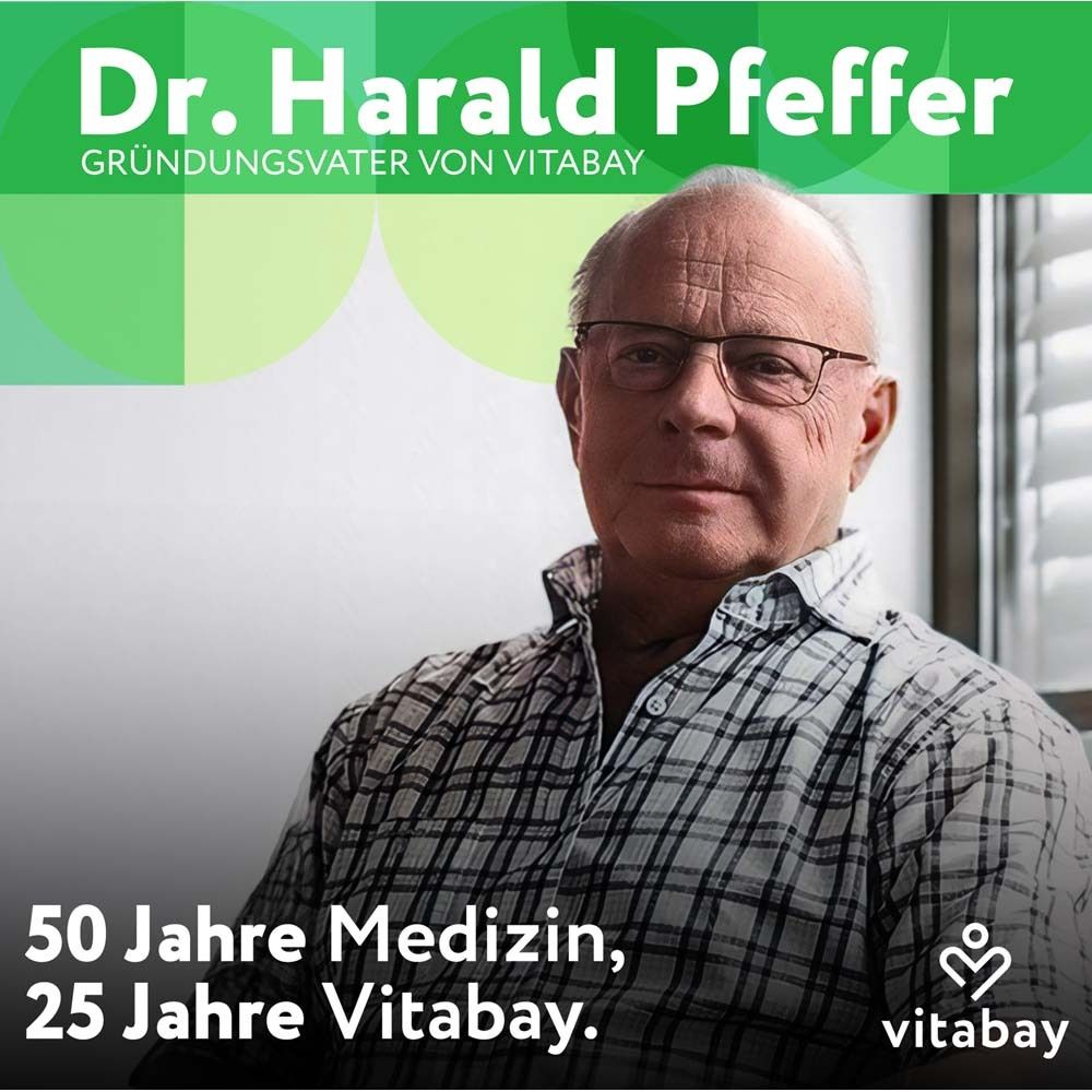 Portrait du Dr. Harald Pfeffer. Texte : "50 ans de médecine, 25 ans Vitabay".
