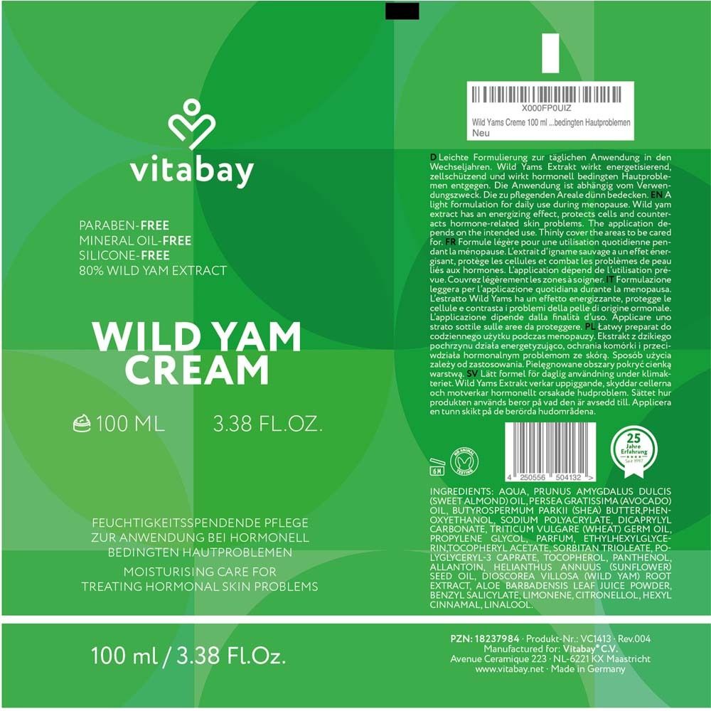 Dos d'un tube vert "Wild Yam Cream". Contient les ingrédients et les instructions d'utilisation.