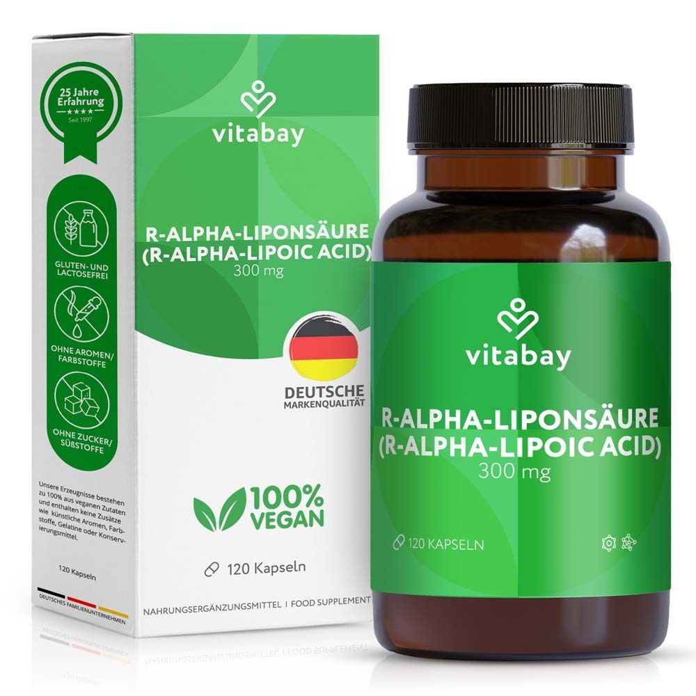 Vitabay Acide R-Alpha-Lipoïque 300 mg gélules et boîte.