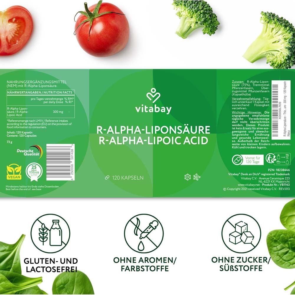 Emballage Vitabay Acide R-Alpha-Lipoïque avec légumes et informations nutritionnelles.