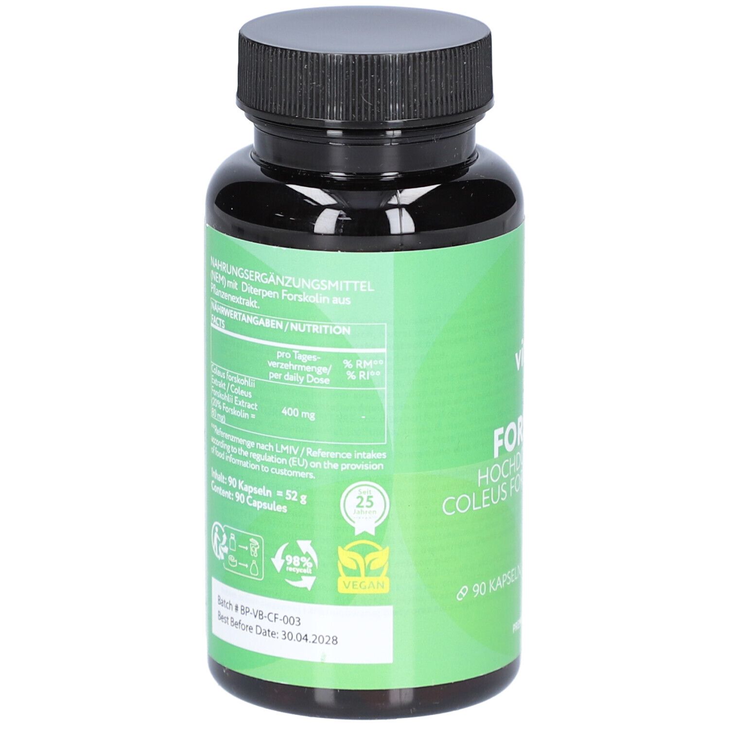 Arrière d'une boîte de capsules Vitabay Forskolin avec informations nutritionnelles et sceaux.