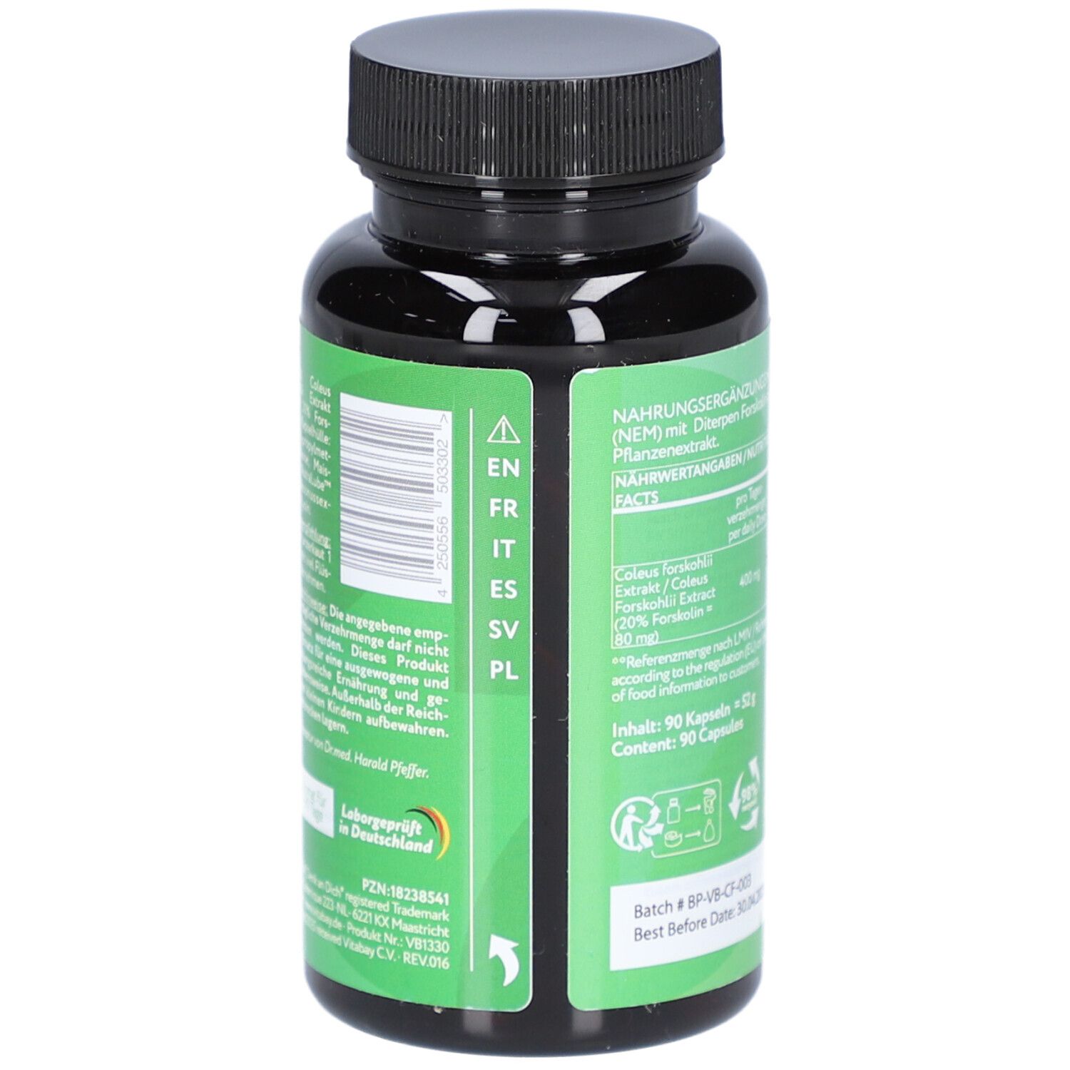 Arrière d'une boîte de capsules Vitabay Forskolin avec codes pays et sceaux.