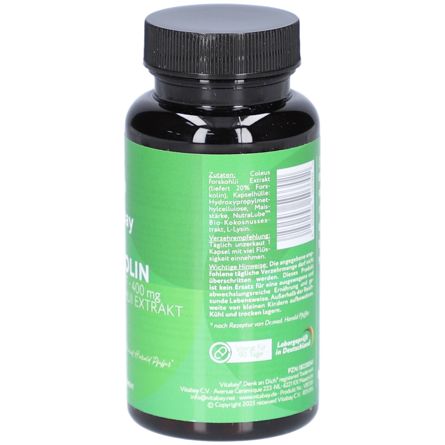 Arrière d'une boîte de capsules Vitabay Forskolin avec ingrédients et sceaux.