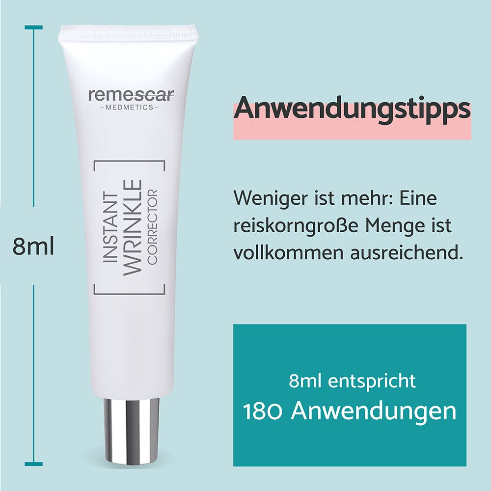 Tube Remescar Correcteur Rides Instantané (8ml) avec conseils d'application et indication de rendement.