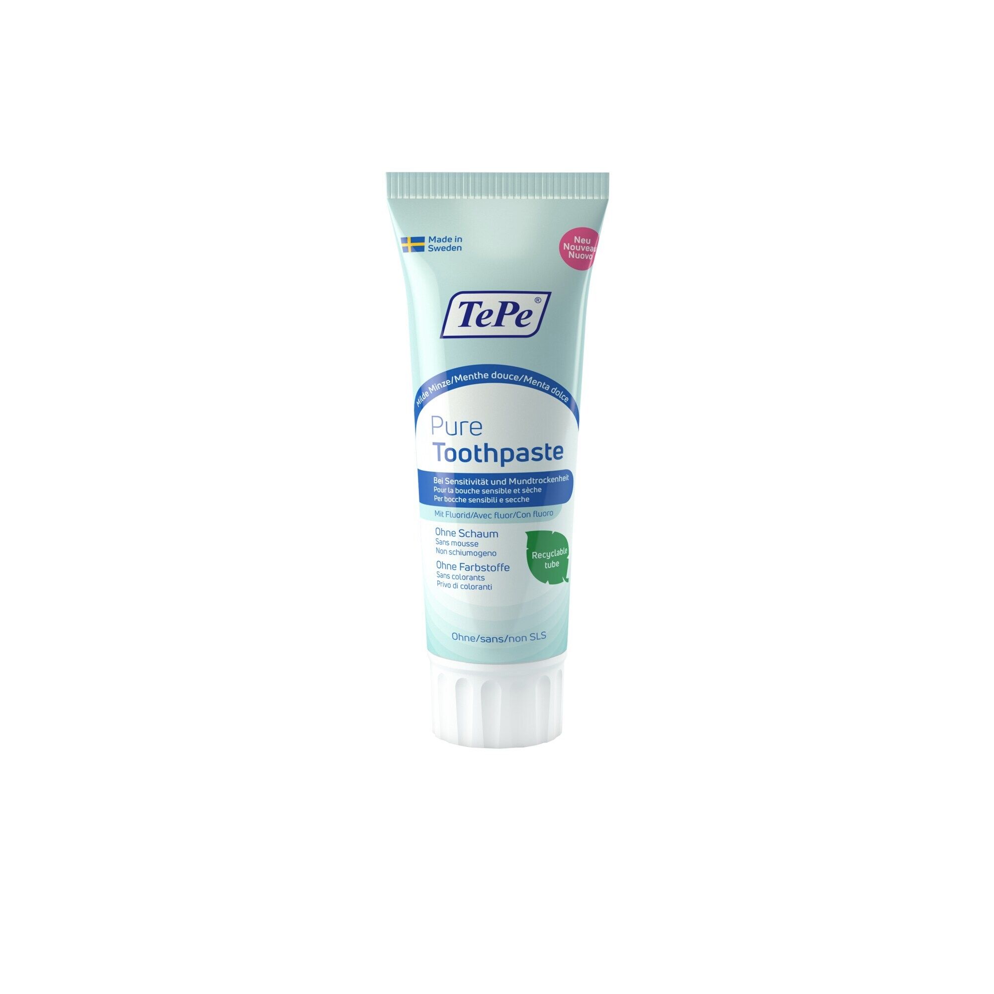Tube de dentifrice bleu clair et blanc. Marque TePe. Inscription : Pure Toothpaste. Sans mousse, sans colorants. Goût menthe.