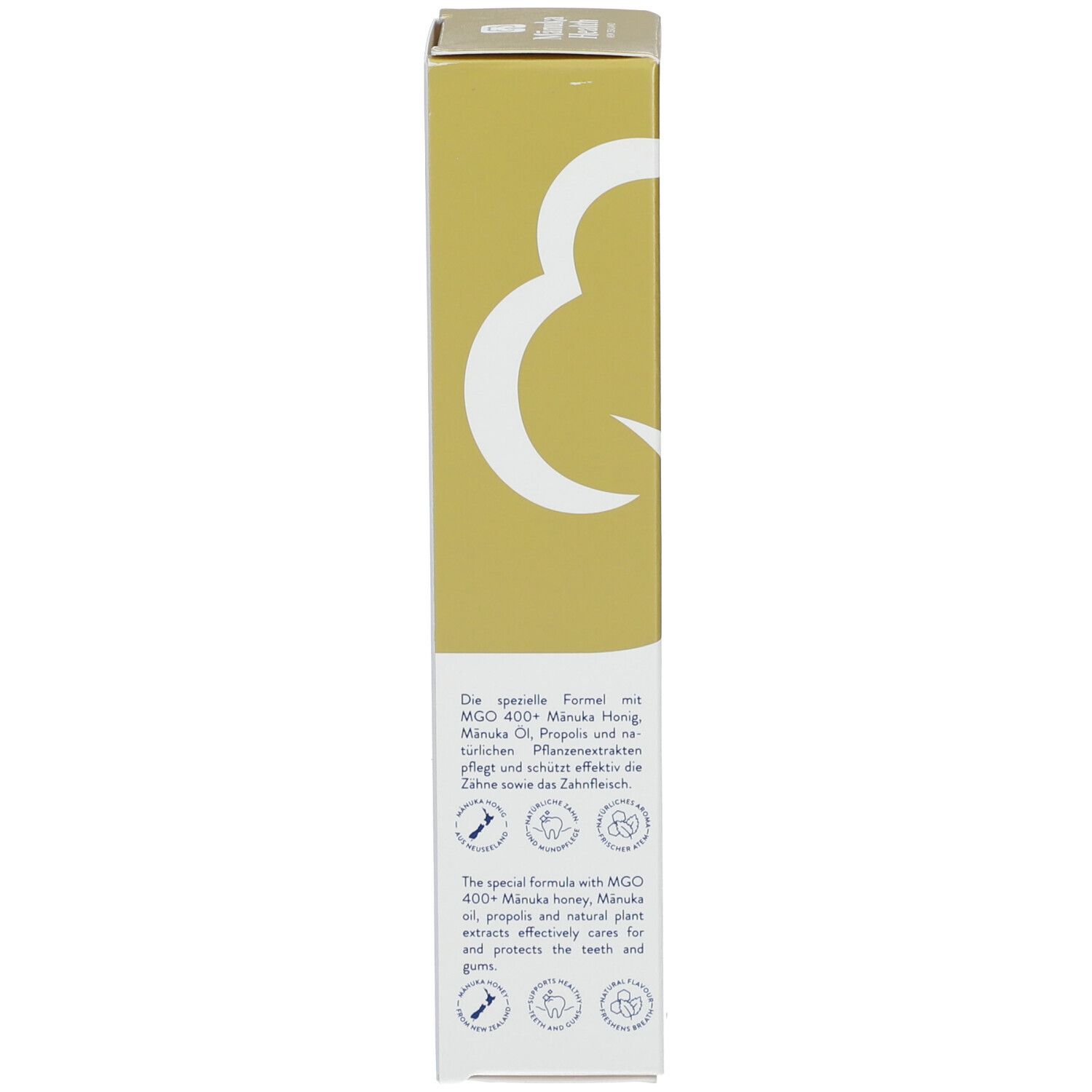 Côté de la boîte. Texte: Formule spéciale avec MGO 400+ miel de Manuka, propolis et extraits de plantes naturelles. Logos.