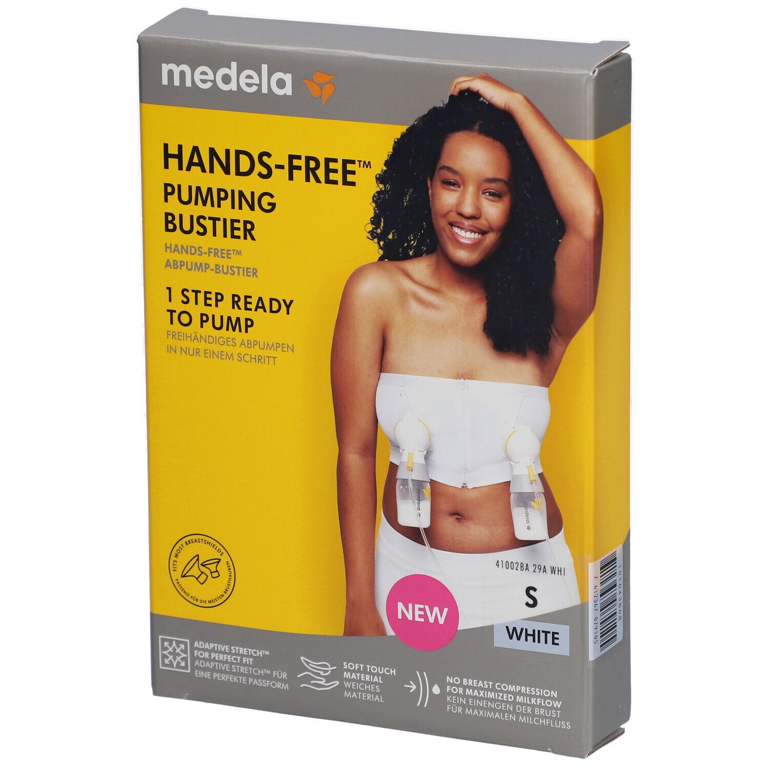 Emballage du bustier d'expression medela Hands-free™. Inscription : Hands-free Pumping Bustier, taille S, blanc. Une femme est représentée.