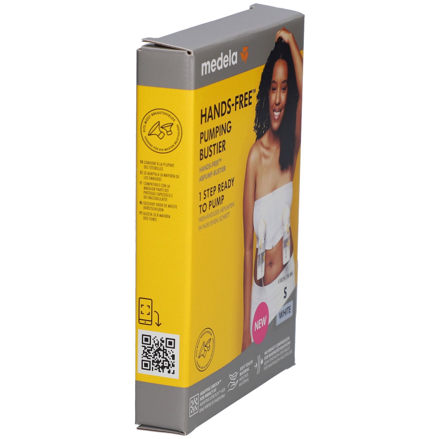 Emballage du bustier d'expression medela Hands-free™. Vue latérale. Inscription : Hands-free Pumping Bustier, taille S, blanc. Fond jaune.