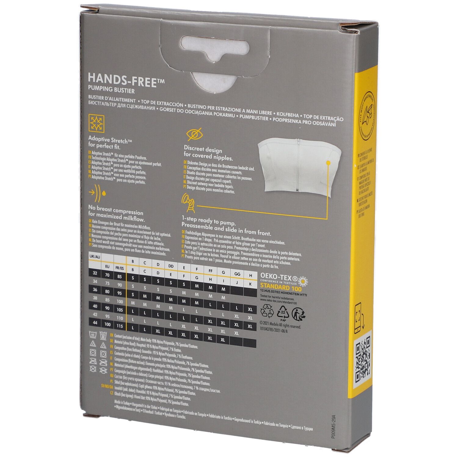 Dos de l'emballage du bustier d'expression medela Hands-free™. Texte multilingue. Informations sur les tailles. Oeko-Tex Standard 100.