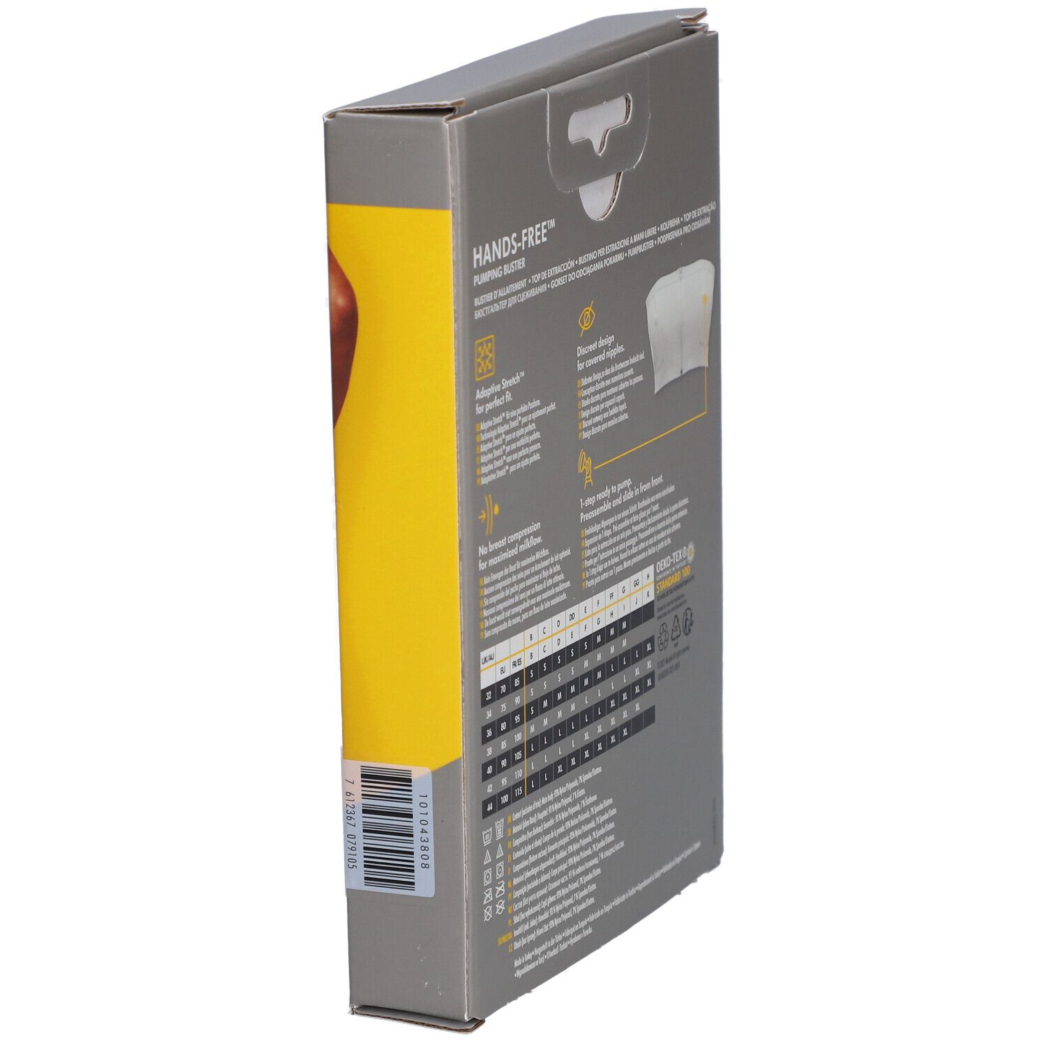 Vue latérale de l'emballage du bustier d'expression medela Hands-free™. Code-barres et texte. Fond jaune.