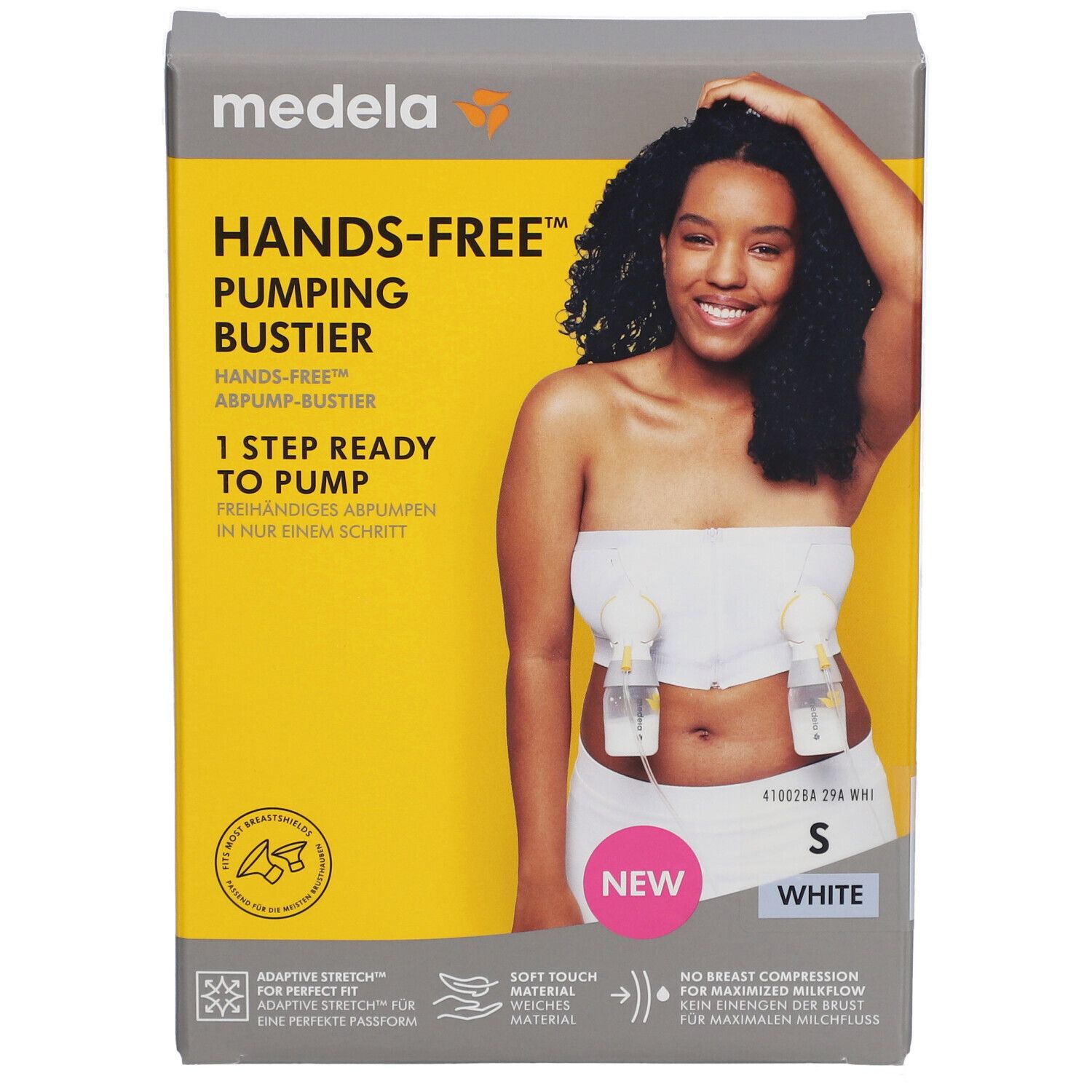 Emballage du bustier d'expression medela Hands-free™. Inscription : Hands-free Pumping Bustier, taille S, blanc. Une femme est représentée.