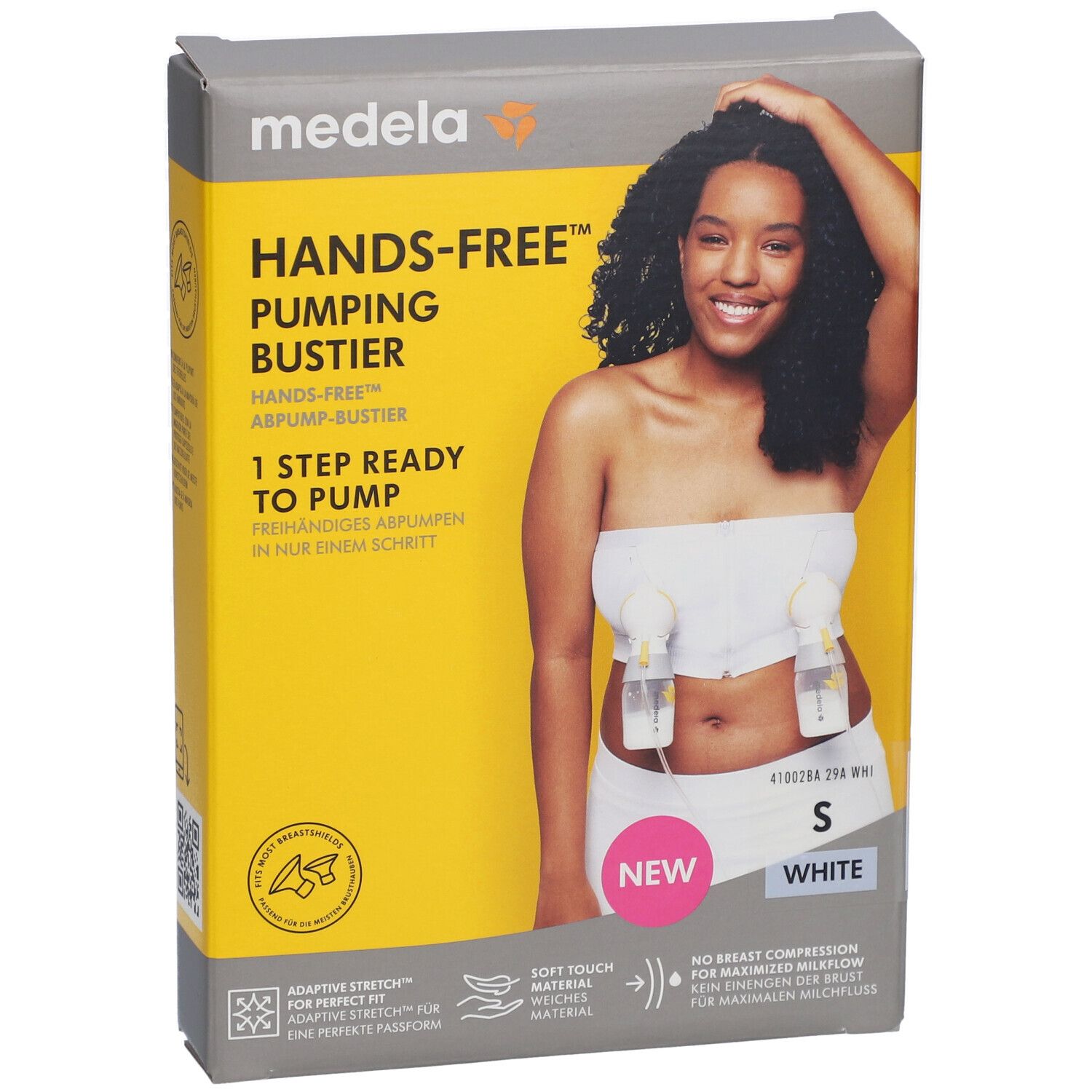 Emballage du bustier d'expression medela Hands-free™. Inscription : Hands-free Pumping Bustier, taille S, blanc. Une femme est représentée.