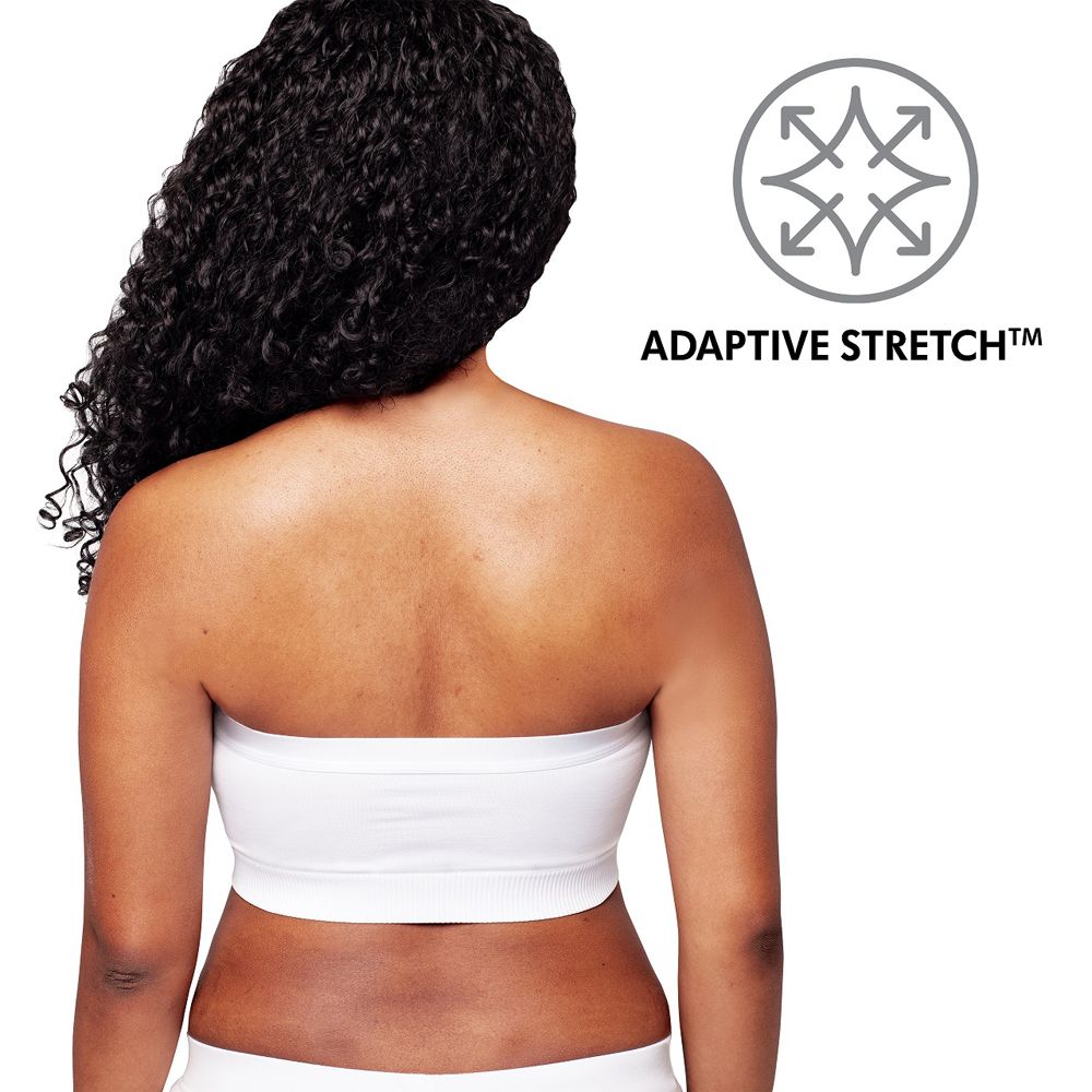 Bustier blanc avec Adaptive Stretch. Femme de dos, cheveux bouclés.