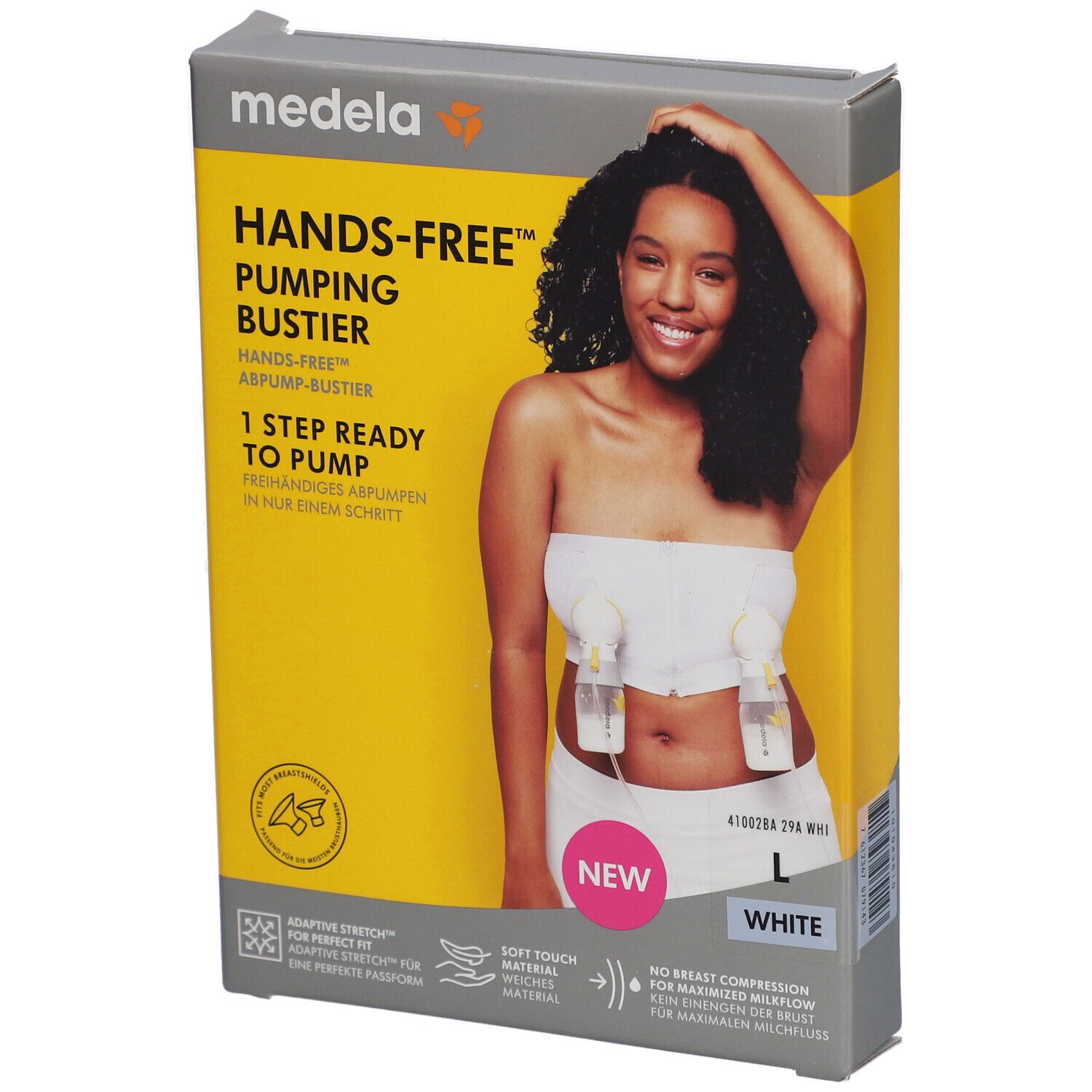 Emballage du bustier tire-lait mains libres medela. Inscription : Hands-free Pumping Bustier, taille L, blanc. Photo : femme avec bustier et flacons.