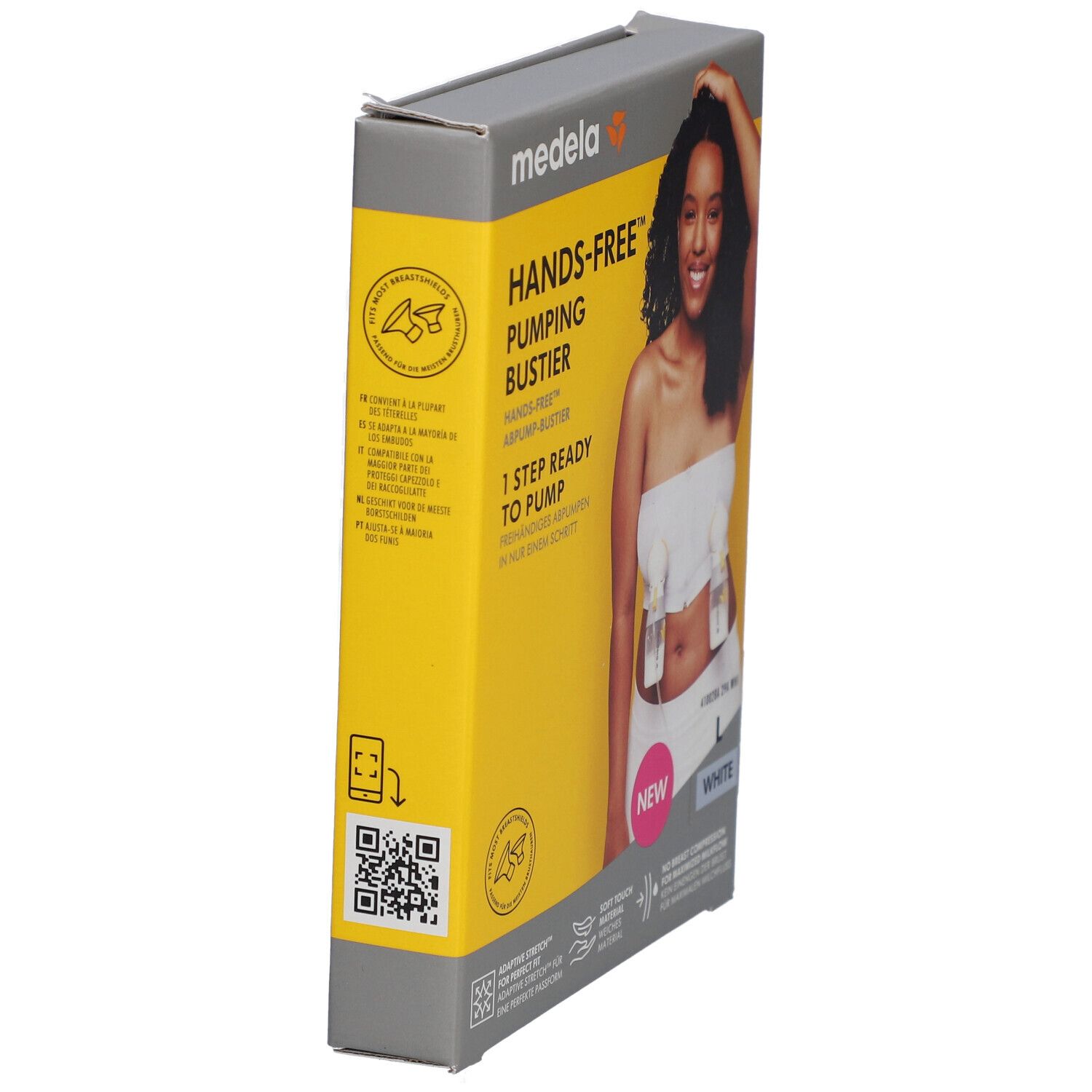 Emballage du bustier tire-lait mains libres medela. Vue latérale. Inscription : Hands-free Pumping Bustier, taille L, blanc. Code QR.