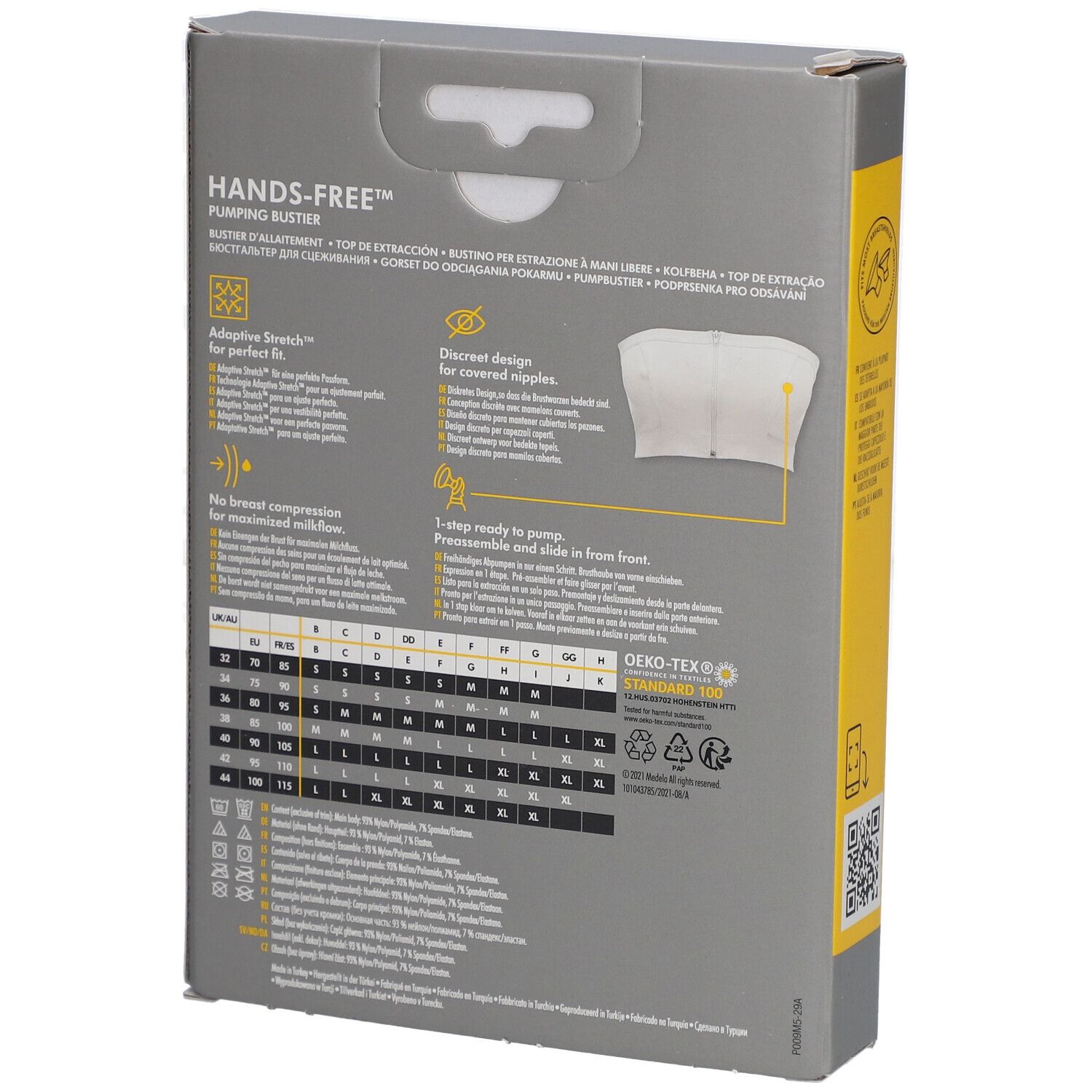 Dos de l'emballage du bustier tire-lait mains libres medela. Informations sur les tailles, caractéristiques du produit, symboles de lavage, Öko-Tex Standard 100.