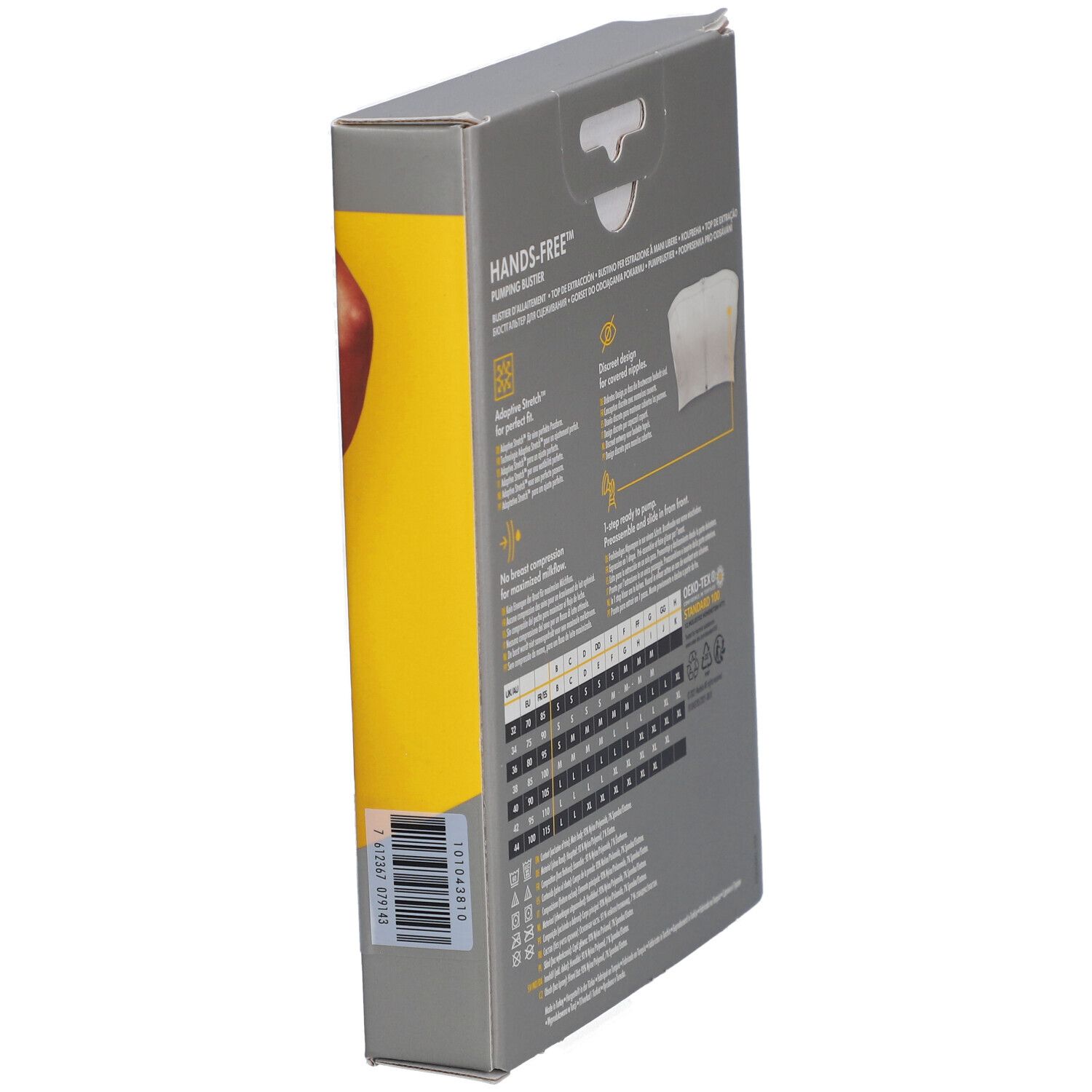 Vue latérale de l'emballage du bustier tire-lait mains libres medela. Code-barres, informations sur le produit, informations sur les tailles.