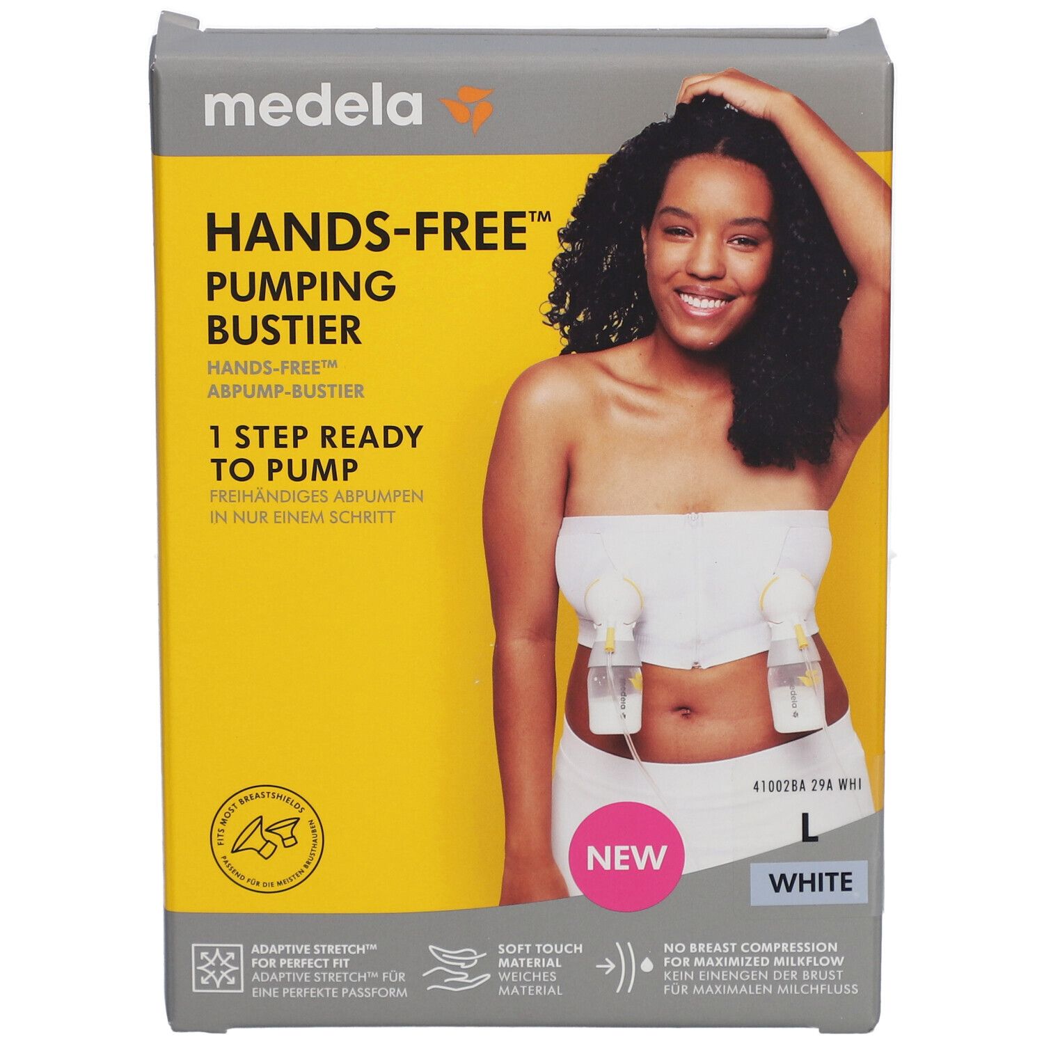 Emballage du bustier tire-lait mains libres medela. Inscription : Hands-free Pumping Bustier, taille L, blanc. Photo : femme avec bustier et flacons.
