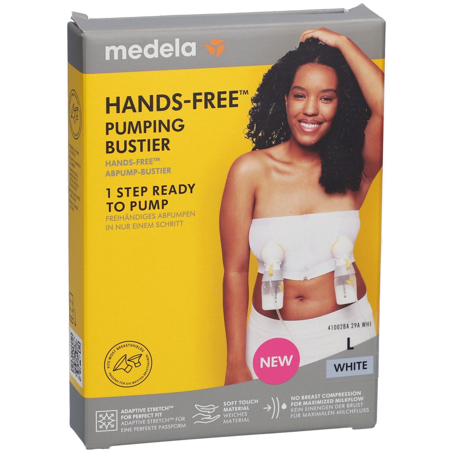 Emballage du bustier tire-lait mains libres medela. Inscription : Hands-free Pumping Bustier, taille L, blanc. Photo : femme avec bustier et flacons.