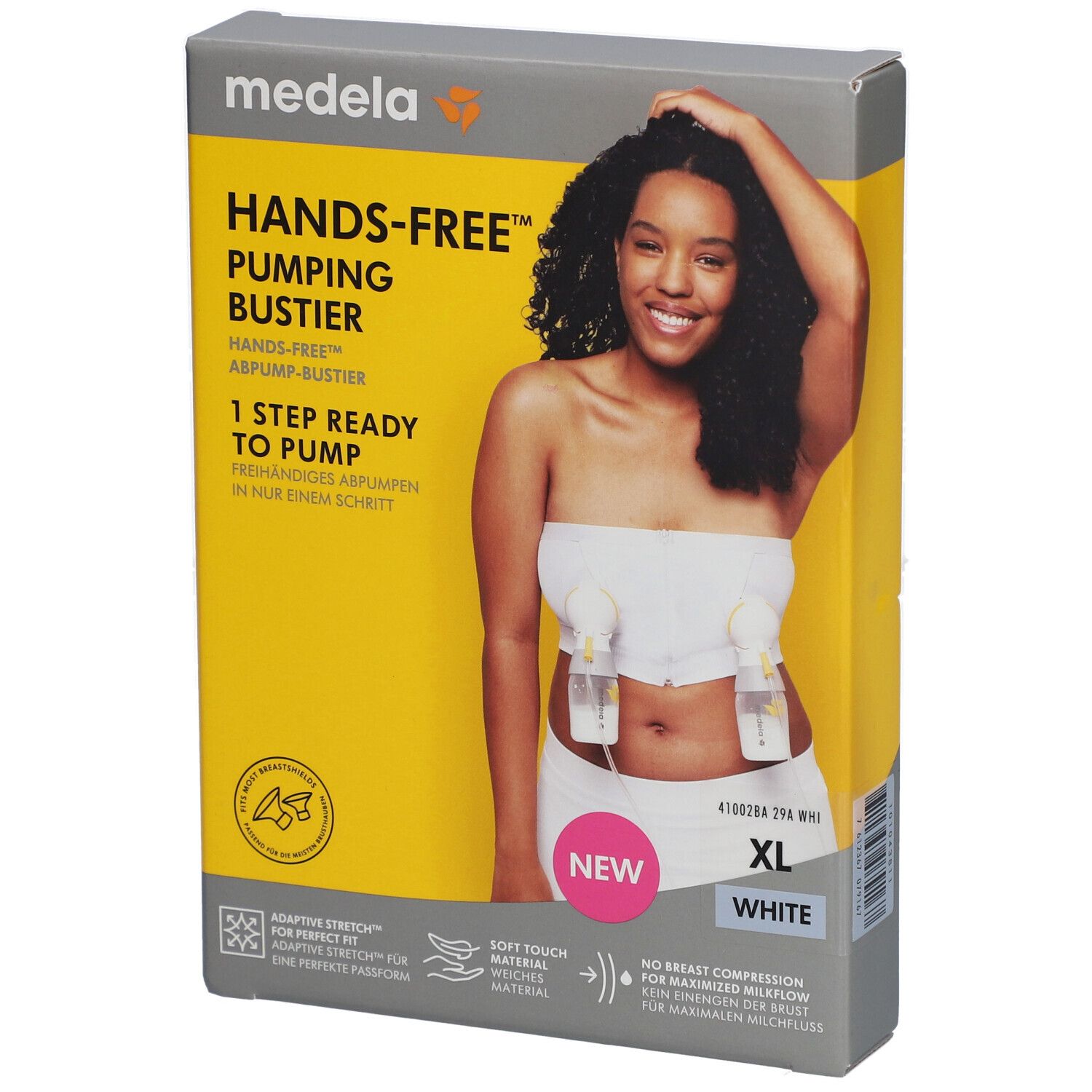 Boîte avec bustier. Inscription : medela Hands-free Pumping Bustier, XL, blanc. Image d'une femme portant un bustier et des tire-lait.