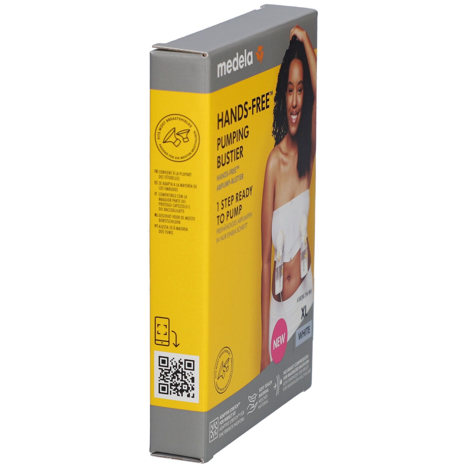 Vue latérale de l'emballage. Inscription : medela Hands-free Pumping Bustier, XL, blanc. Code QR et informations sur le produit.