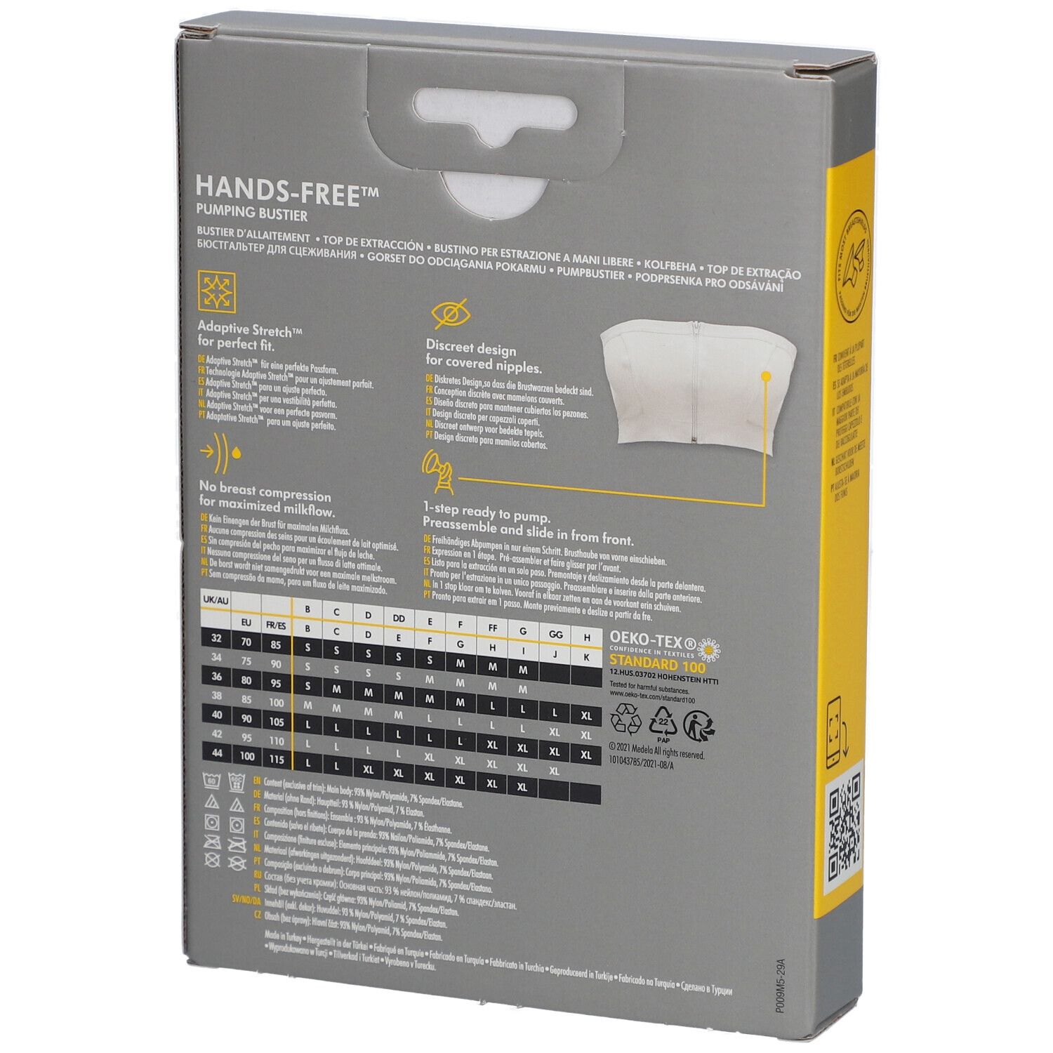 Dos de l'emballage. Inscription : medela Hands-free Pumping Bustier. Tableau des tailles, informations sur le produit et certification.