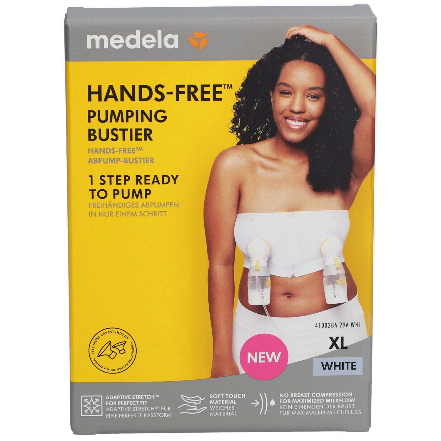 Boîte avec bustier. Inscription : medela Hands-free Pumping Bustier, XL, blanc. Image d'une femme portant un bustier et des tire-lait.