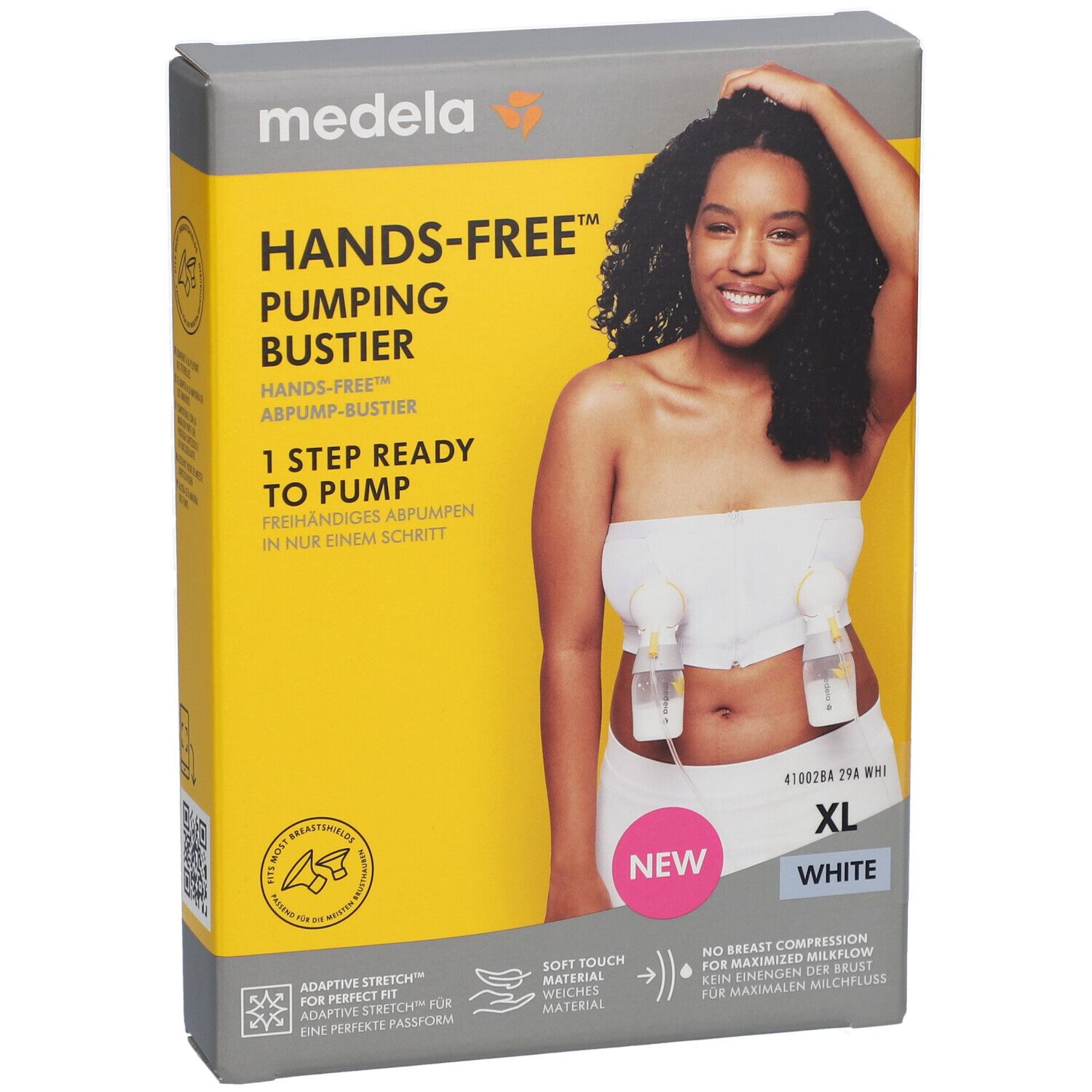 Boîte avec bustier. Inscription : medela Hands-free Pumping Bustier, XL, blanc. Image d'une femme portant un bustier et des tire-lait.