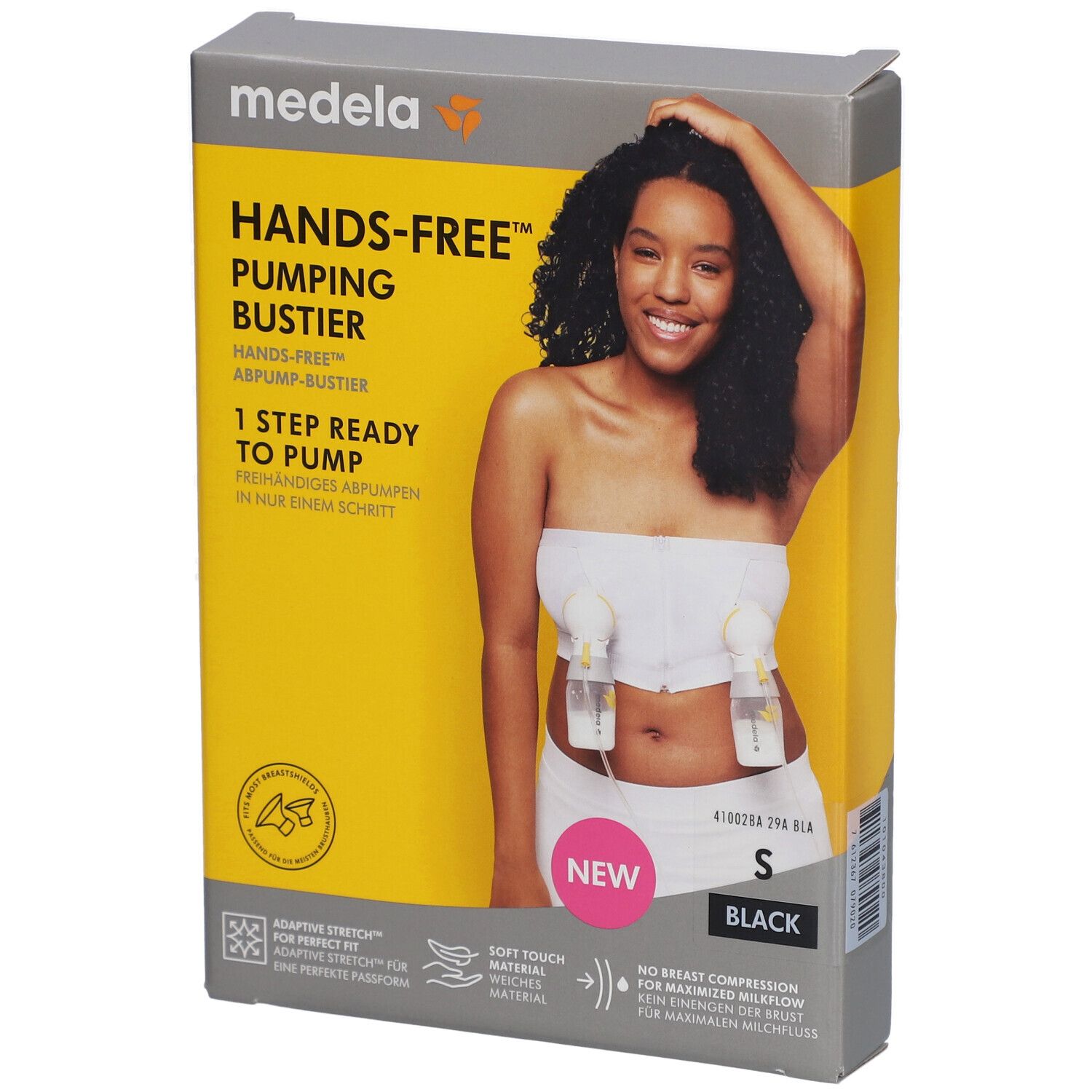Emballage avec image du produit. Bustier mains libres, taille S, noir. Marque Medela. Fond jaune.