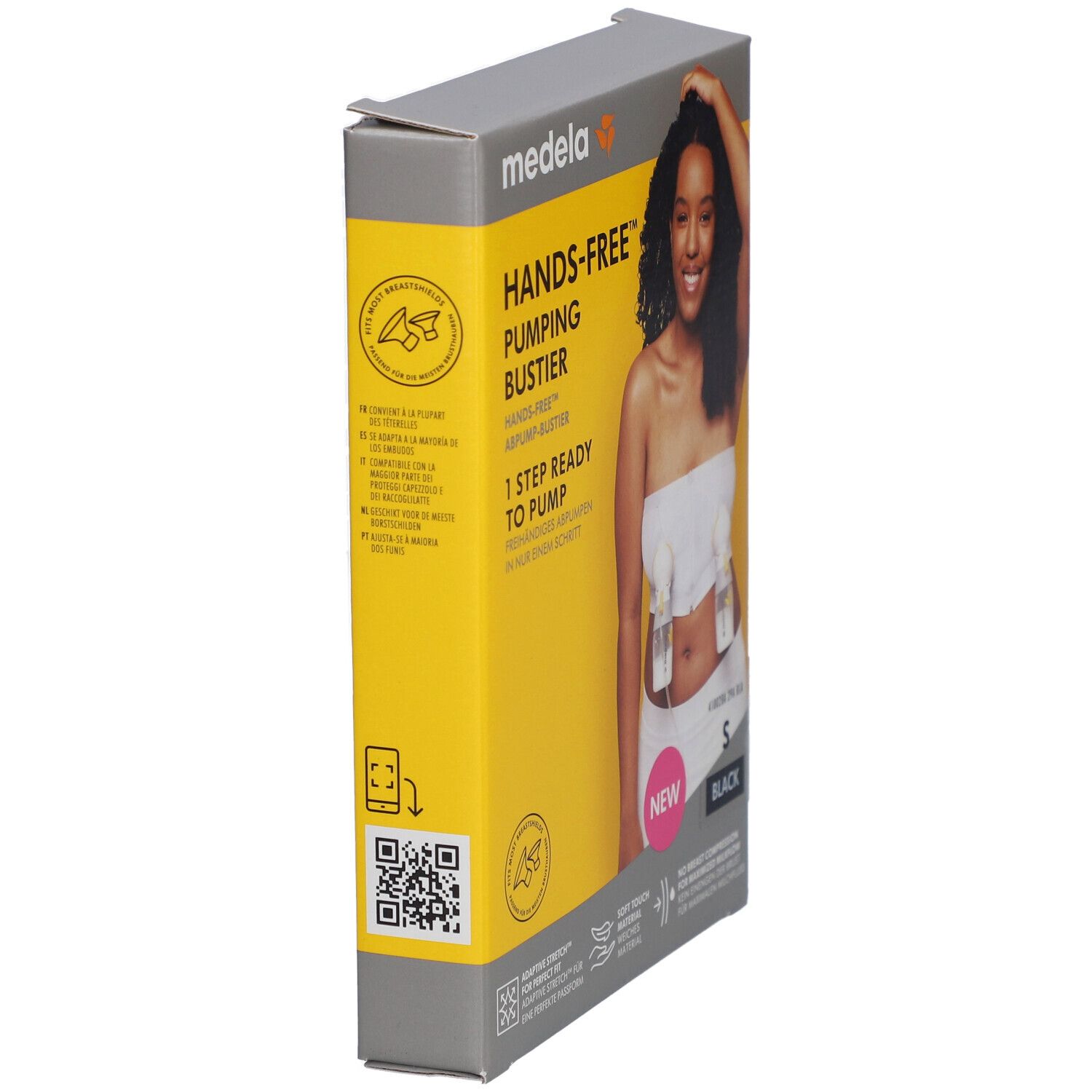 Emballage, bustier mains libres, taille S, noir. Marque Medela. Fond jaune, vue latérale.