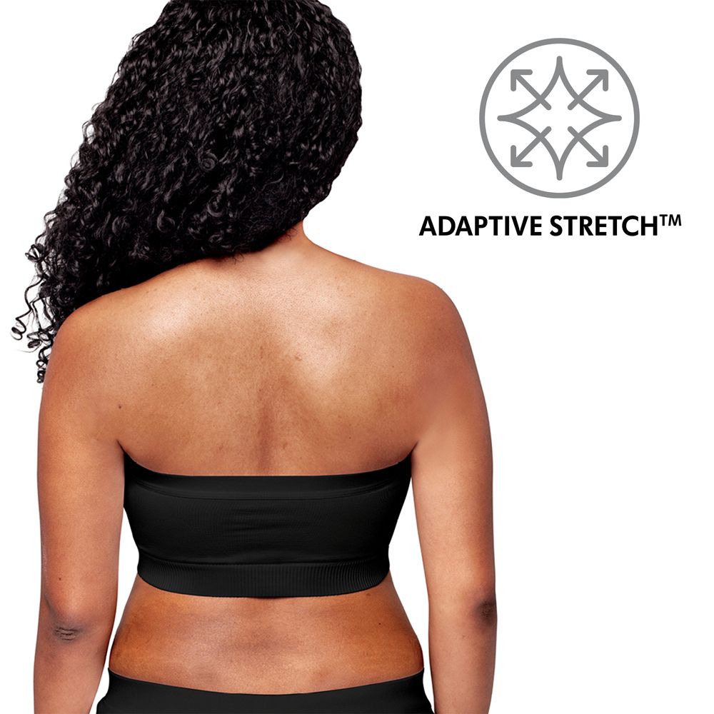 Bustier noir, technologie Adaptive Stretch. Femme de dos. Cheveux noirs. Fond blanc.