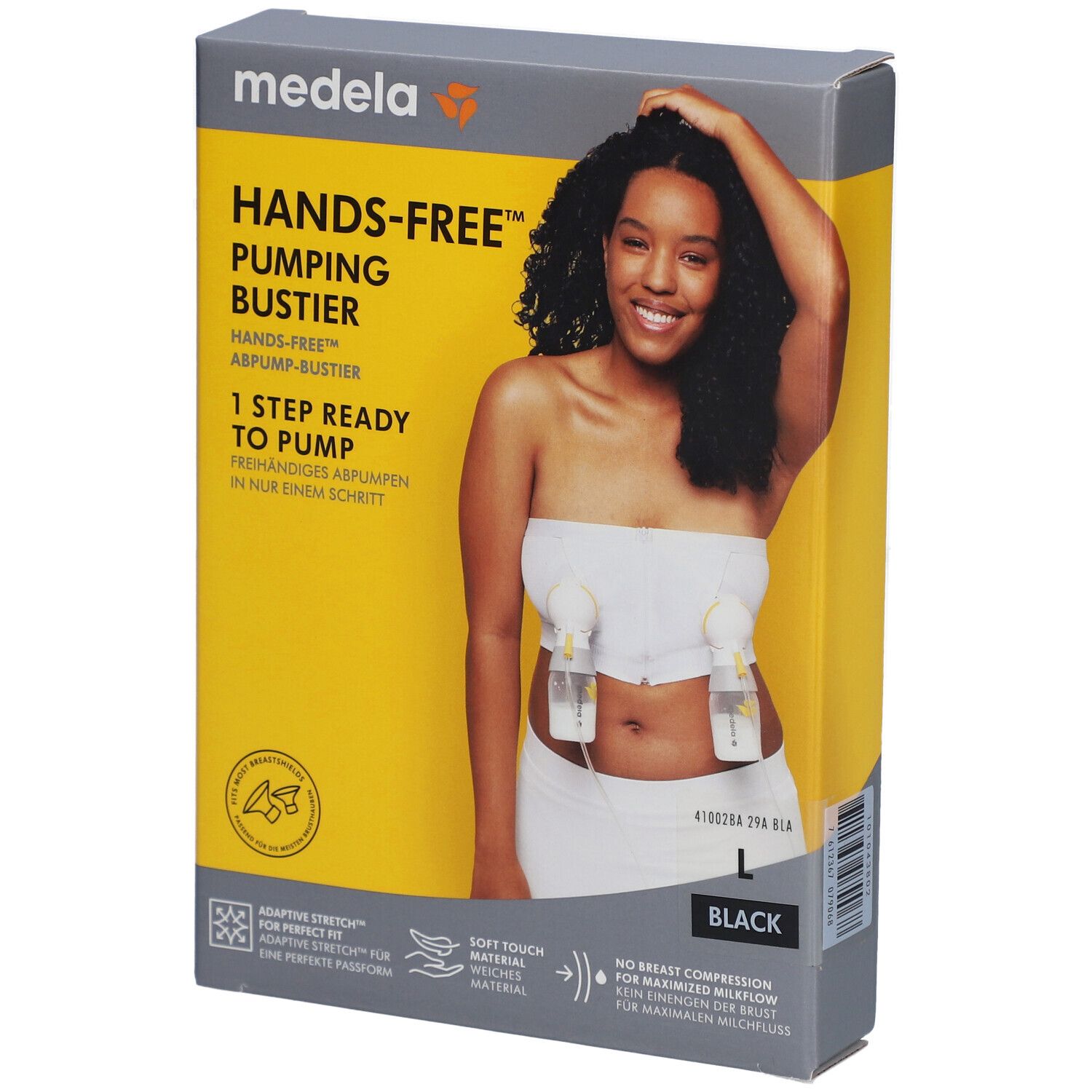 Emballage du bustier d'expression Medela Hands-free™. Fond jaune, photo du produit, modèle portant le bustier et les pompes.