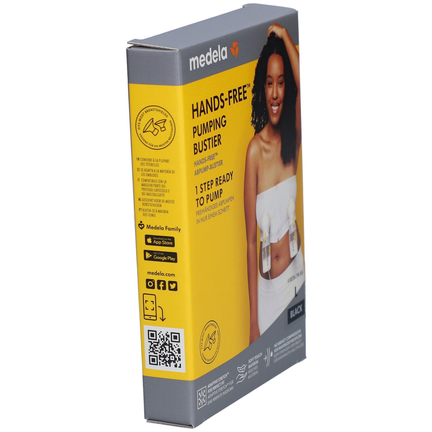 Emballage du bustier d'expression Medela Hands-free™. Jaune et gris, modèle avec bustier. Code QR et info application sur le côté.