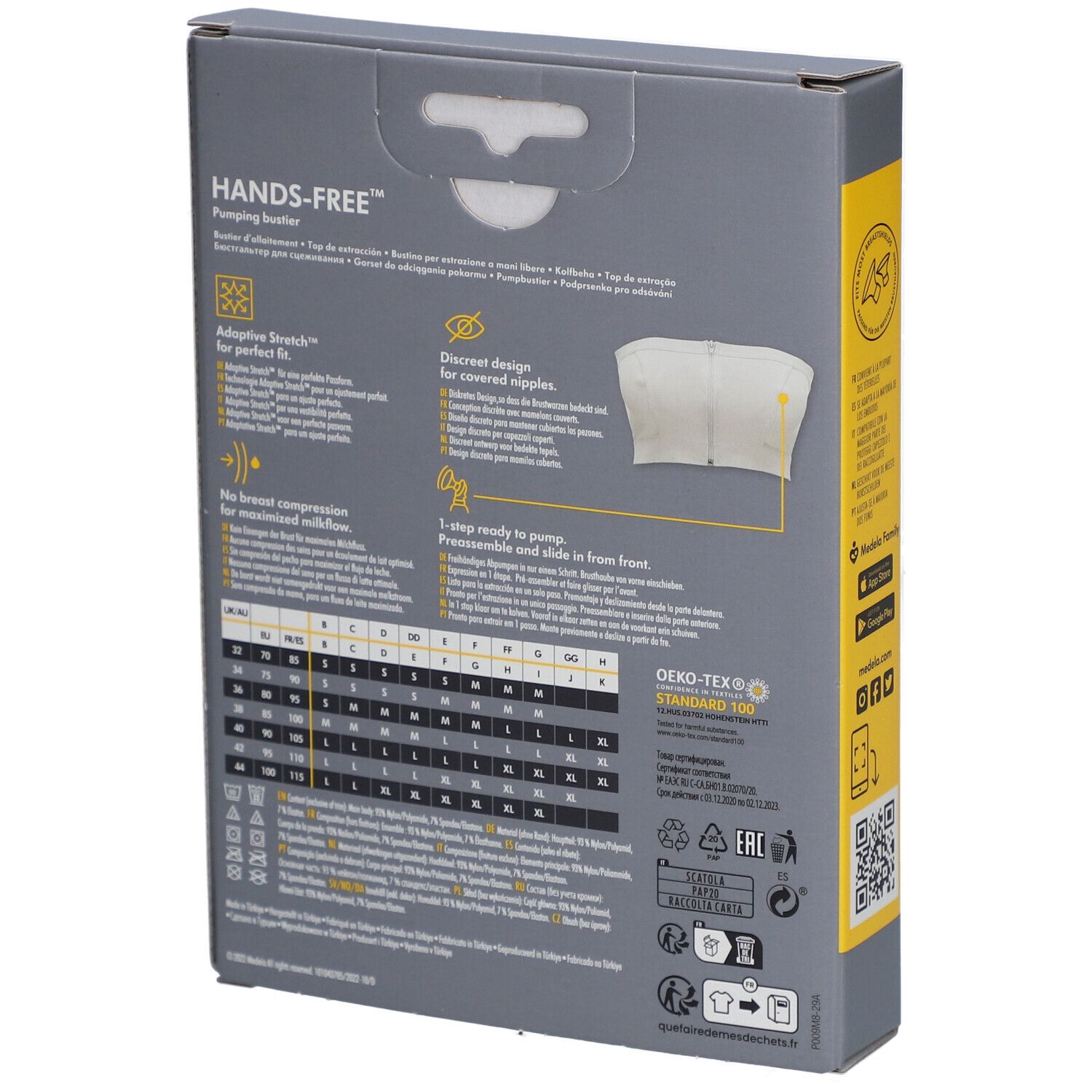 Dos de l'emballage du bustier d'expression Medela Hands-free™. Caractéristiques du produit, tailles, certification.