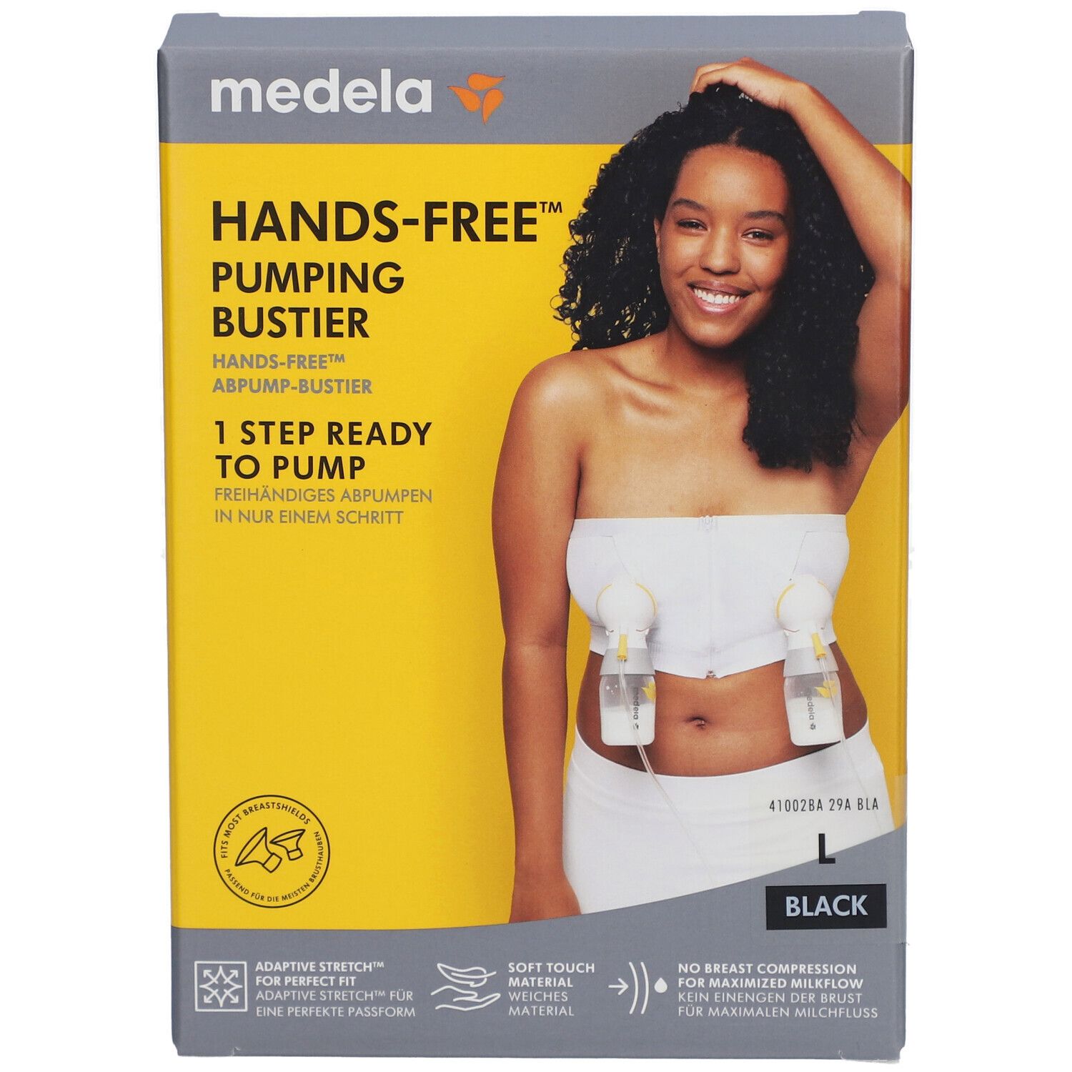 Face avant de l'emballage du bustier d'expression Medela Hands-free™. Photo du produit, modèle avec bustier et pompes, taille L.