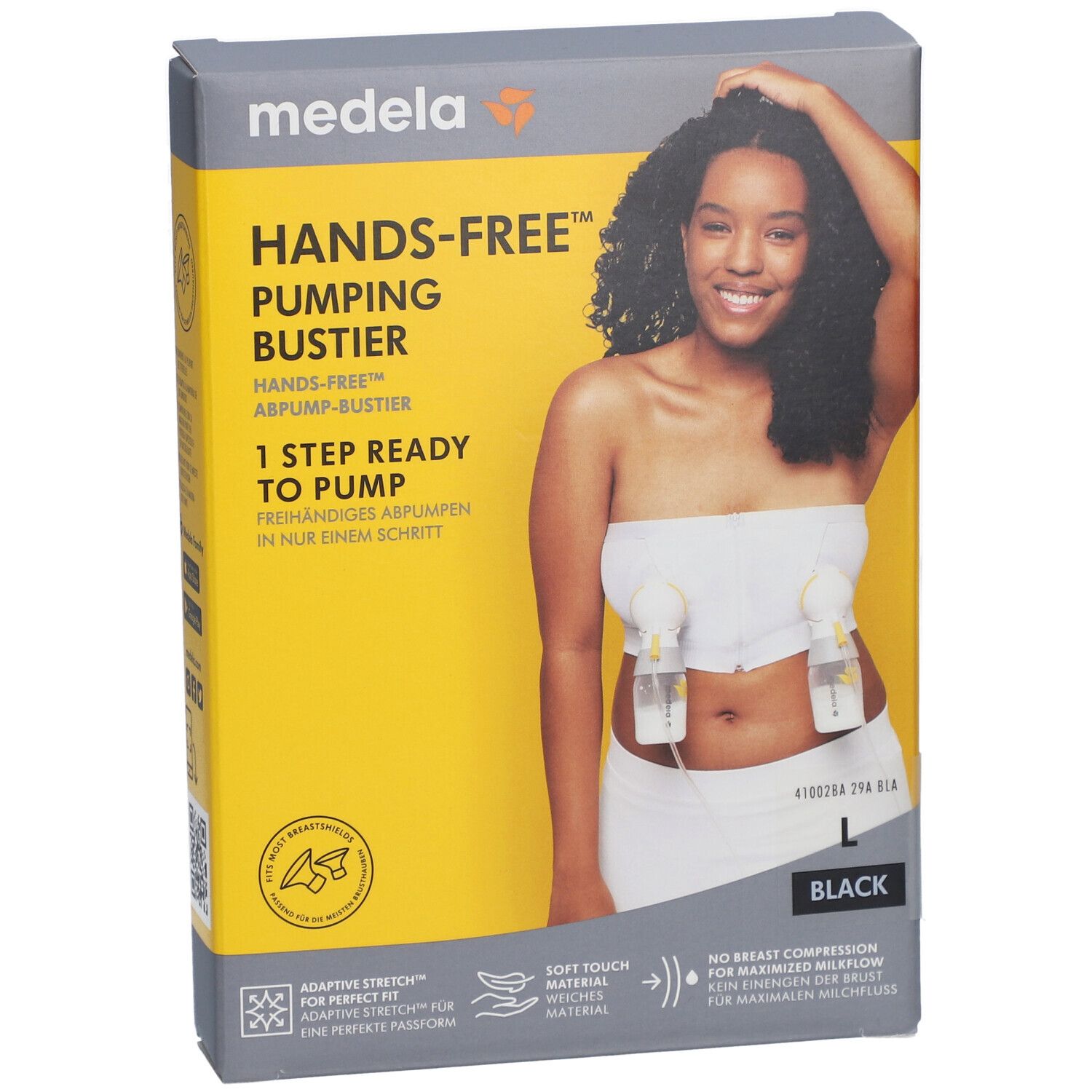 Face avant de l'emballage du bustier d'expression Medela Hands-free™. Modèle avec bustier et pompes. Taille L, couleur noire.
