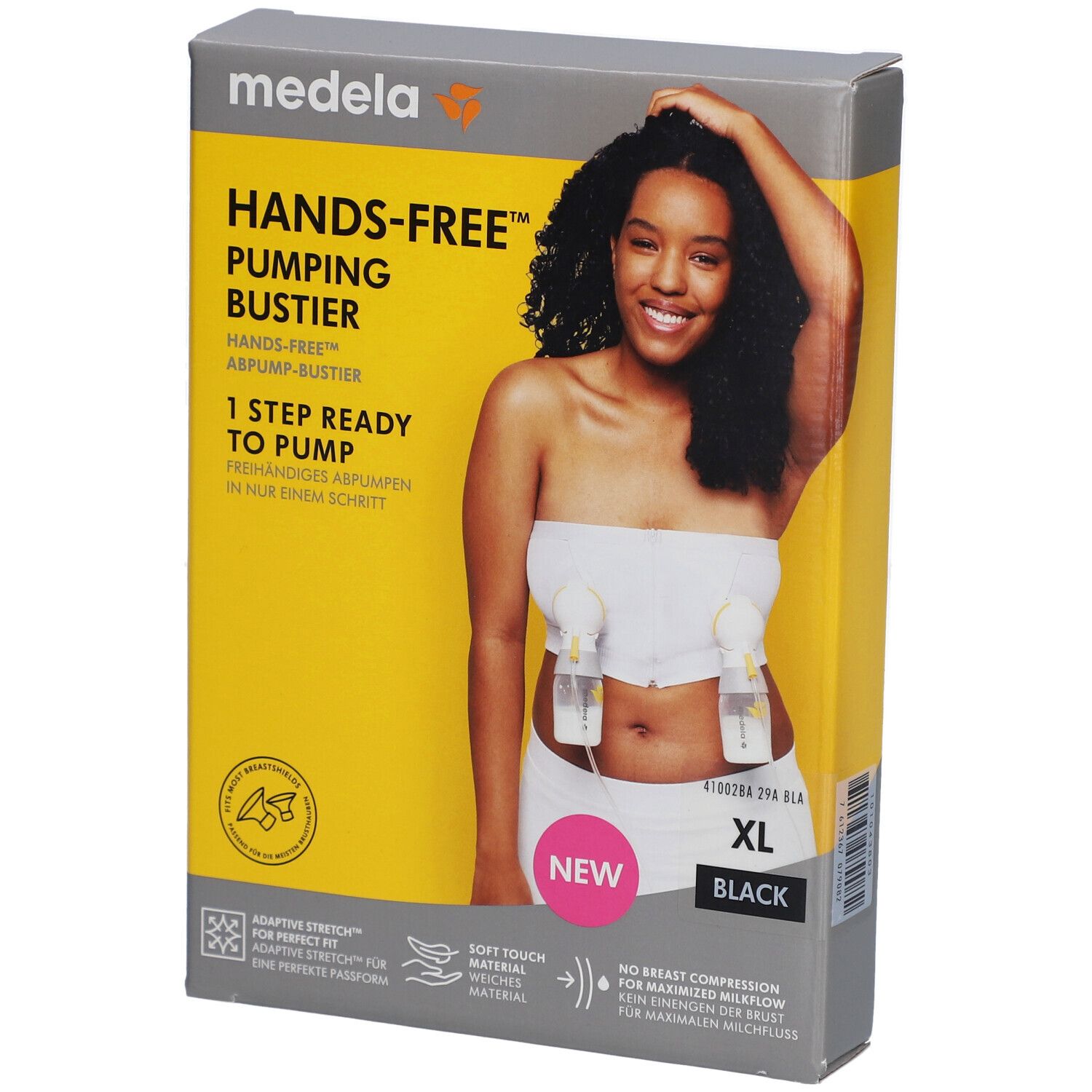 Boîte avec image du produit. Bustier mains libres, noir, XL. Marque Medela. Inscriptions : Hands-free, Abpump-Bustier, 1 Step Ready to Pump.