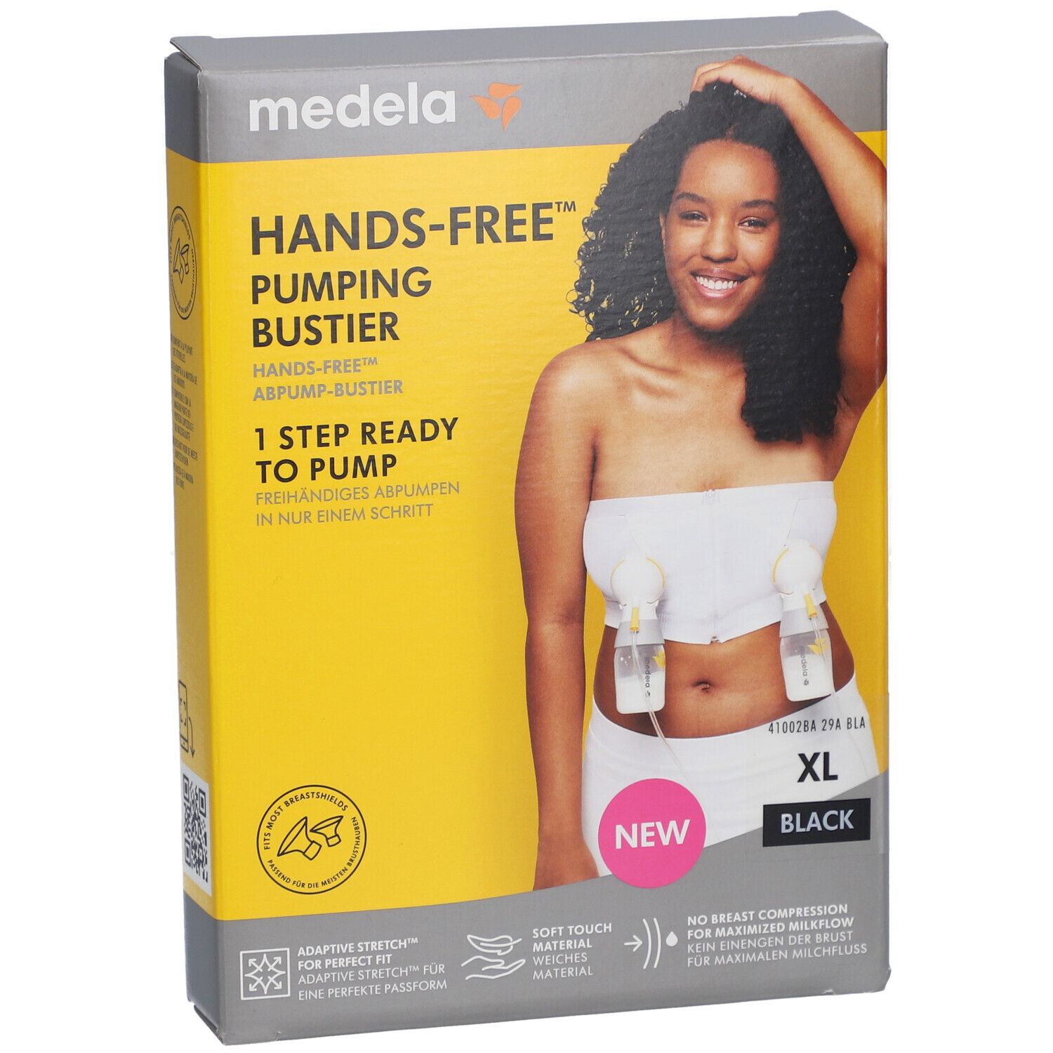 Boîte avec image du produit. Bustier mains libres, noir, XL. Marque Medela. Inscriptions : Hands-free, Abpump-Bustier, 1 Step Ready to Pump.