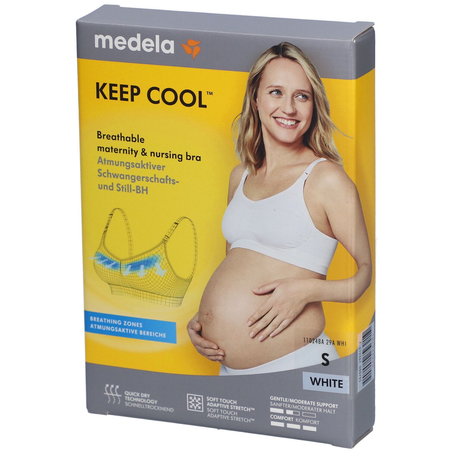 Emballage du soutien-gorge d'allaitement Keep Cool de Medela. Impression : image du produit, taille S, blanc. Femme portant un soutien-gorge.