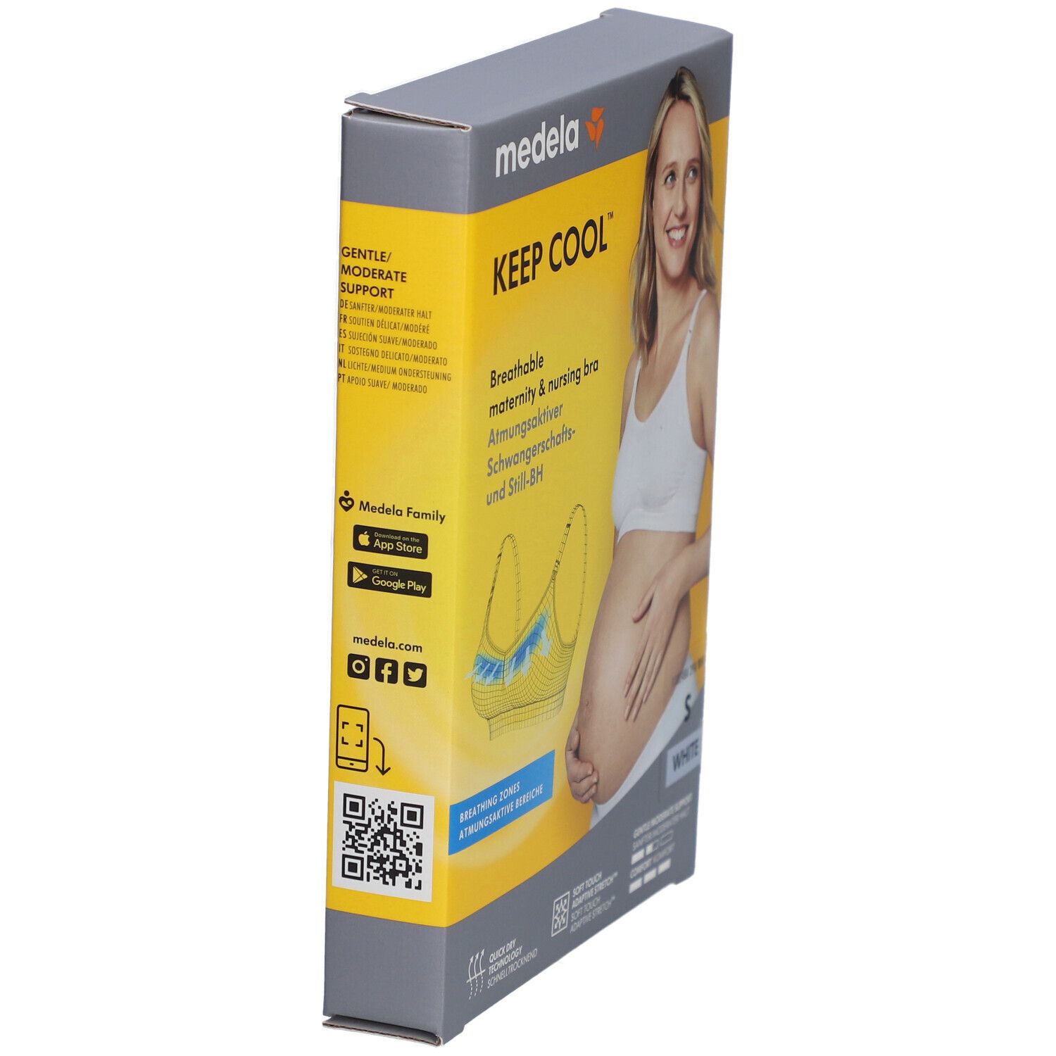 Emballage du soutien-gorge d'allaitement Keep Cool de Medela. Vue latérale. Impression : image du produit, taille S, blanc. Code QR.