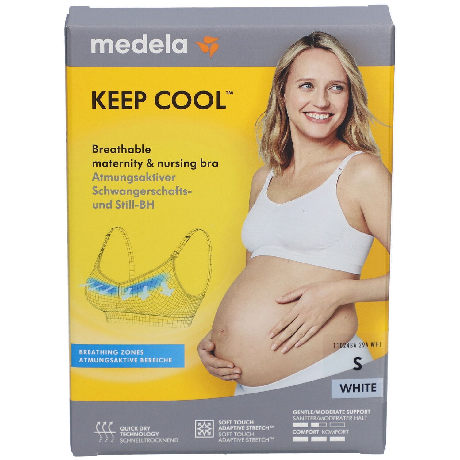 Emballage du soutien-gorge d'allaitement Keep Cool de Medela. Impression : image du produit, taille S, blanc. Femme portant un soutien-gorge.