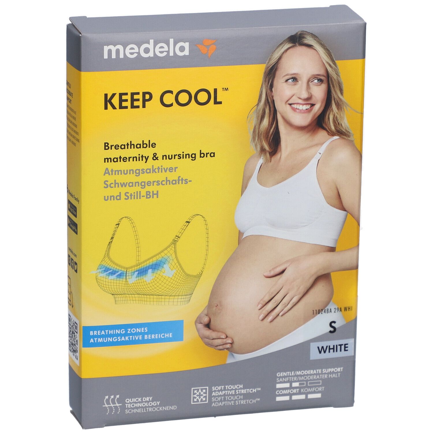 Emballage du soutien-gorge d'allaitement Keep Cool de Medela. Impression : image du produit, taille S, blanc. Femme portant un soutien-gorge.
