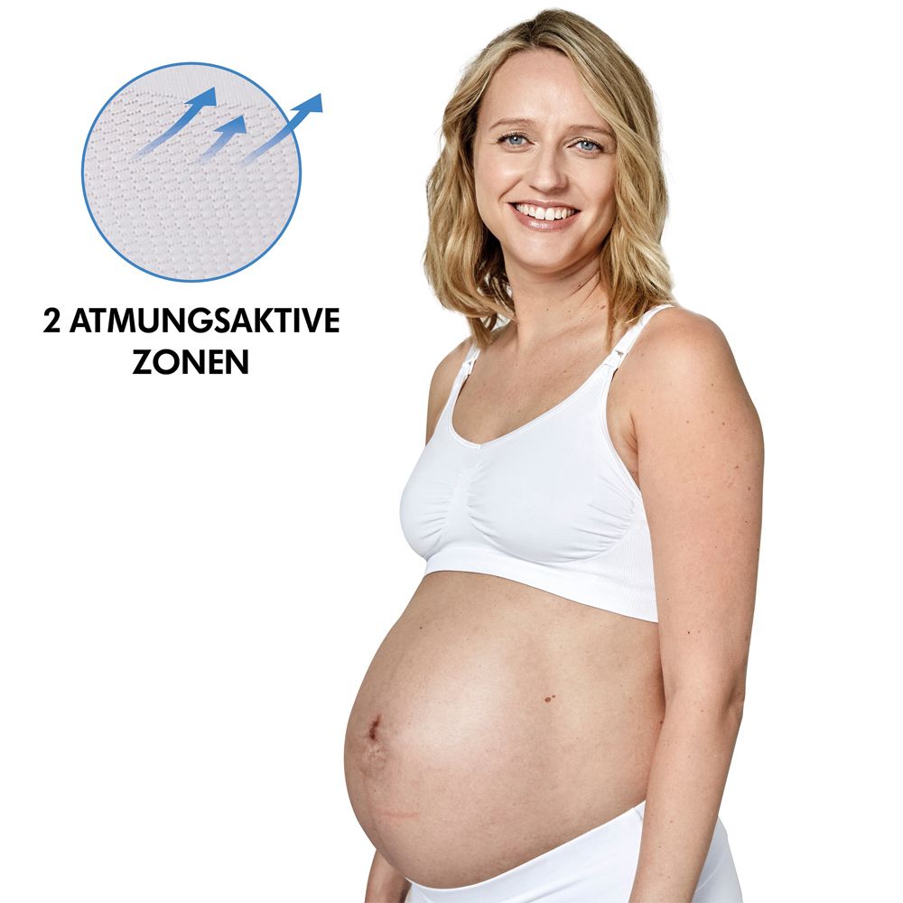 Soutien-gorge d'allaitement blanc avec zones respirantes. Femme enceinte portant le soutien-gorge. Flèches indiquant les zones.