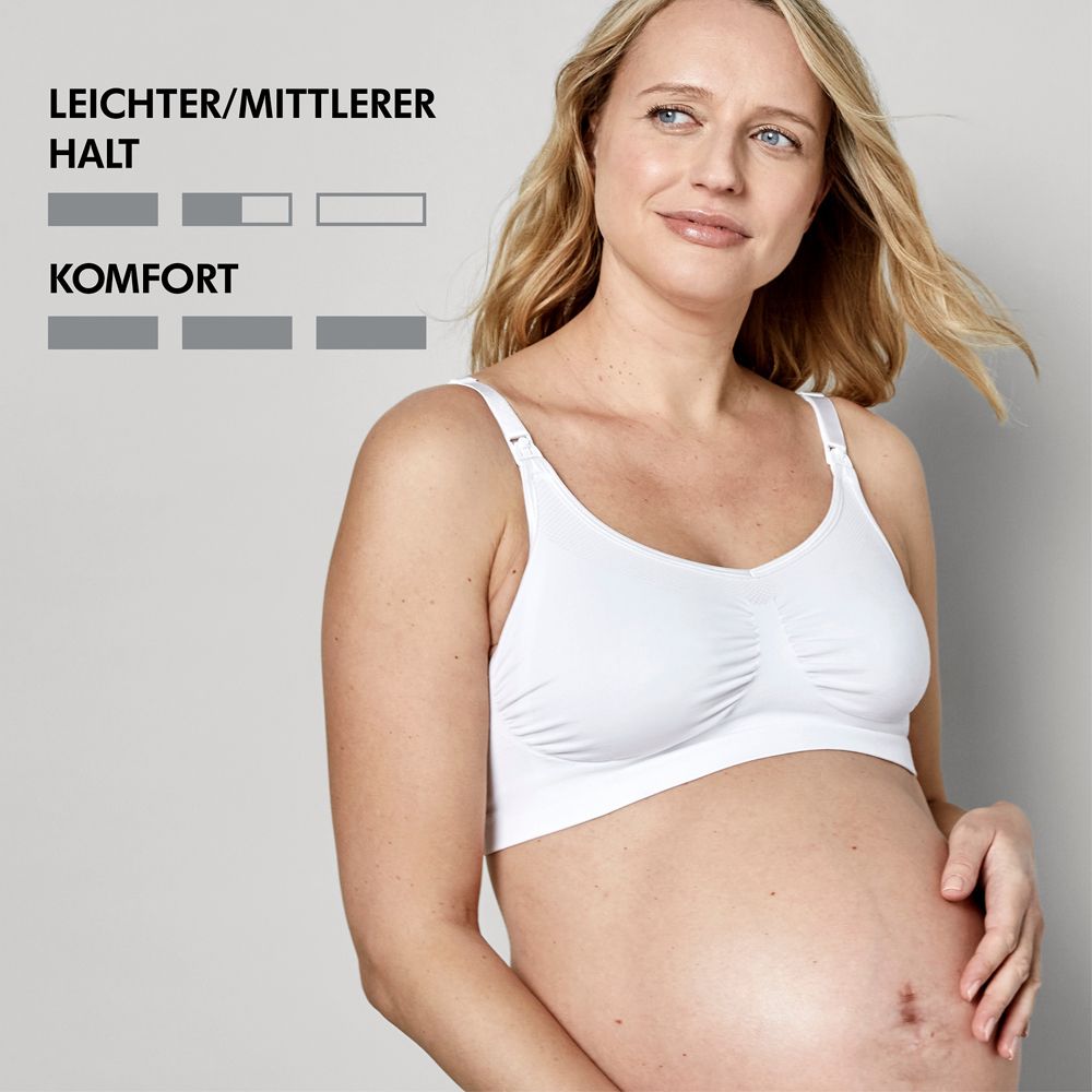 Soutien-gorge d'allaitement blanc. Femme enceinte portant le soutien-gorge. Représentation graphique du maintien et du confort.