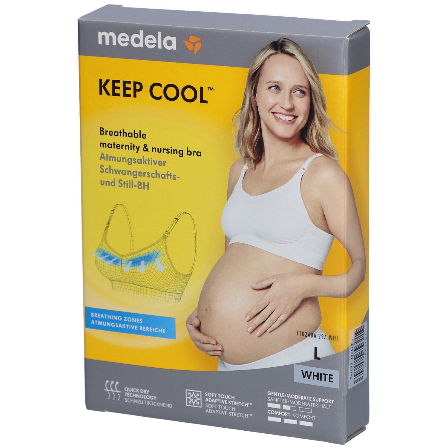 Emballage du soutien-gorge d'allaitement Keep Cool. Inscription : Keep Cool, respirant, blanc, taille L. Femme portant le soutien-gorge.