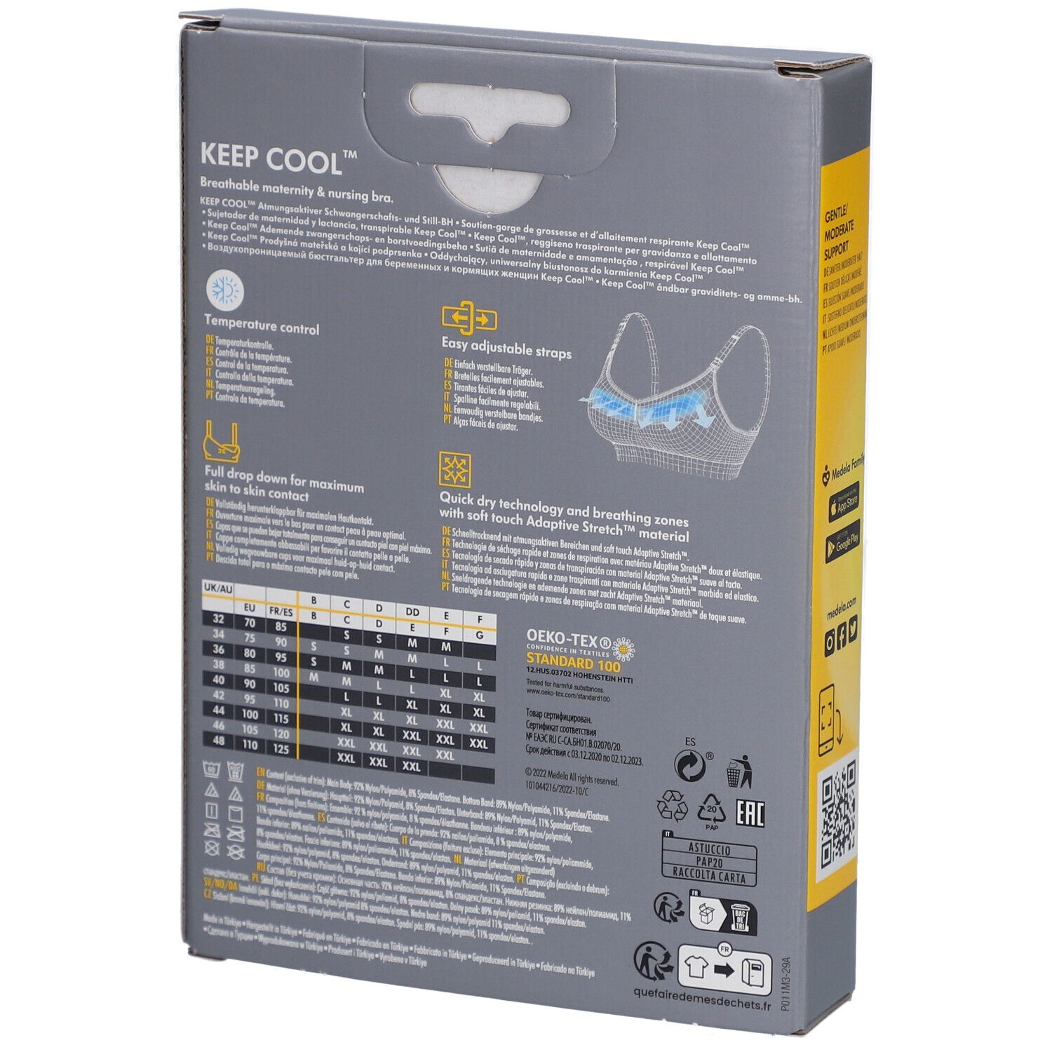 Dos de l'emballage du soutien-gorge Keep Cool. Informations sur les tailles, les caractéristiques et la certification. Oeko-Tex Standard 100.