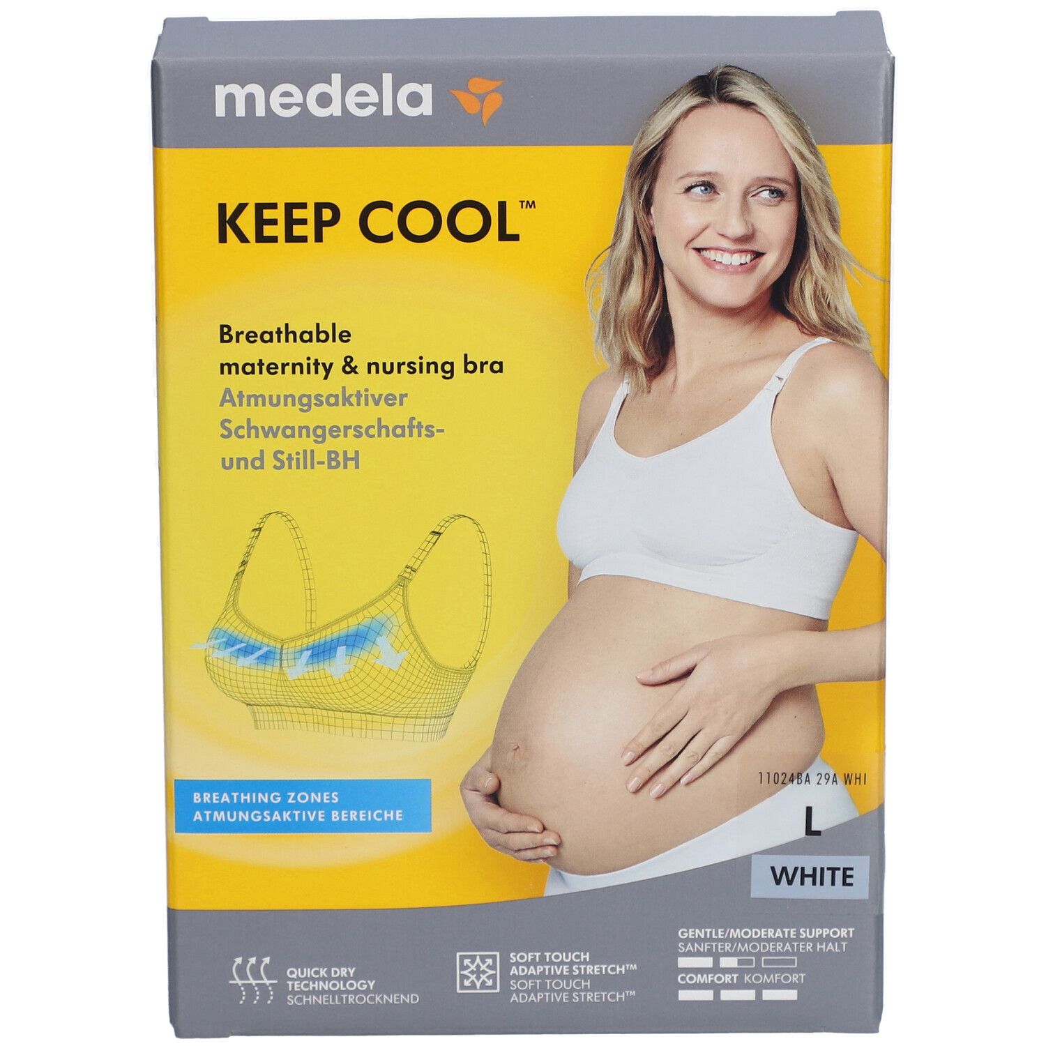 Vue de face de l'emballage du soutien-gorge Keep Cool. Inscription : Keep Cool, respirant, blanc, taille L. Femme portant le soutien-gorge.
